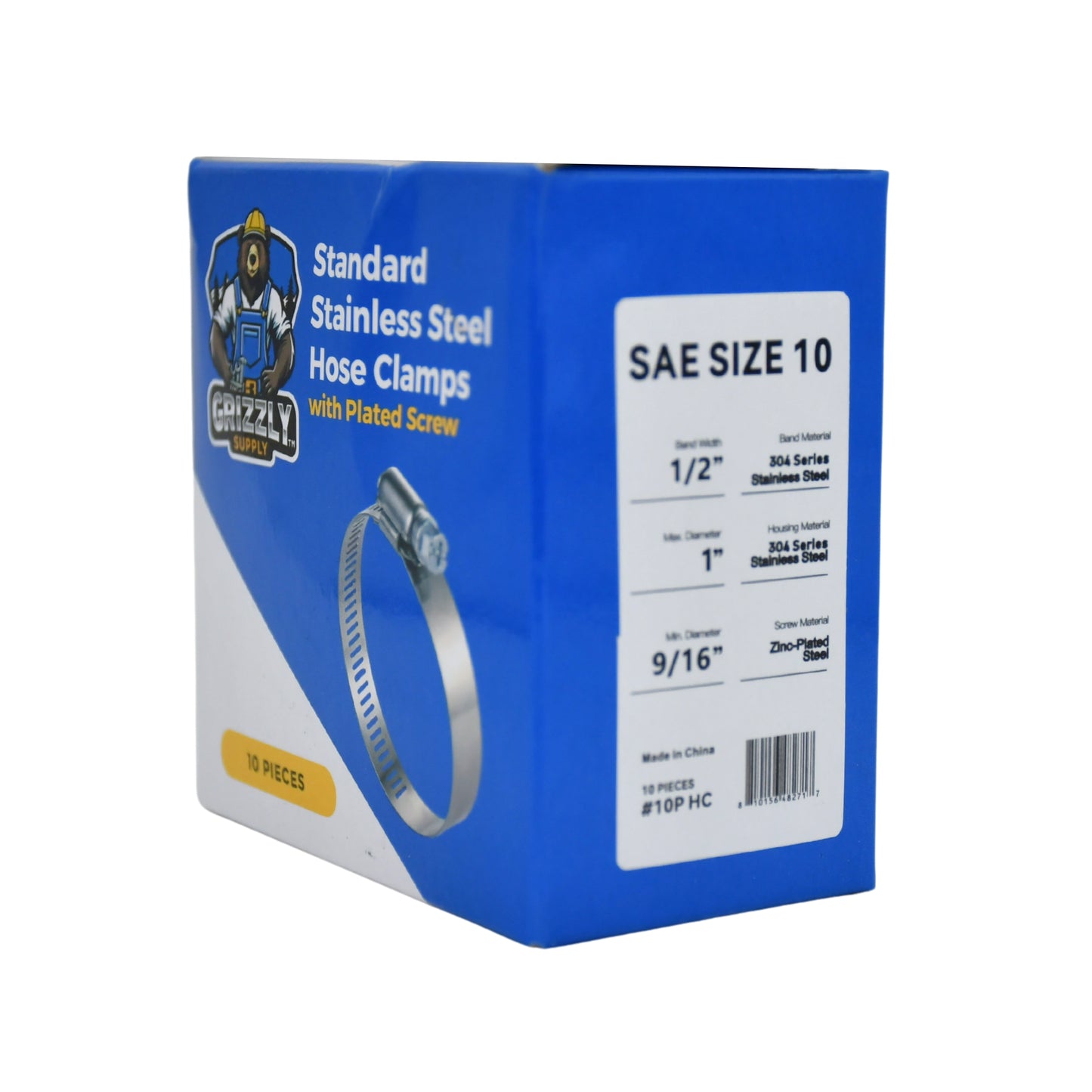 Standard Stainless Steel Hose Clamps with Zinc-Plated Screw 10/box