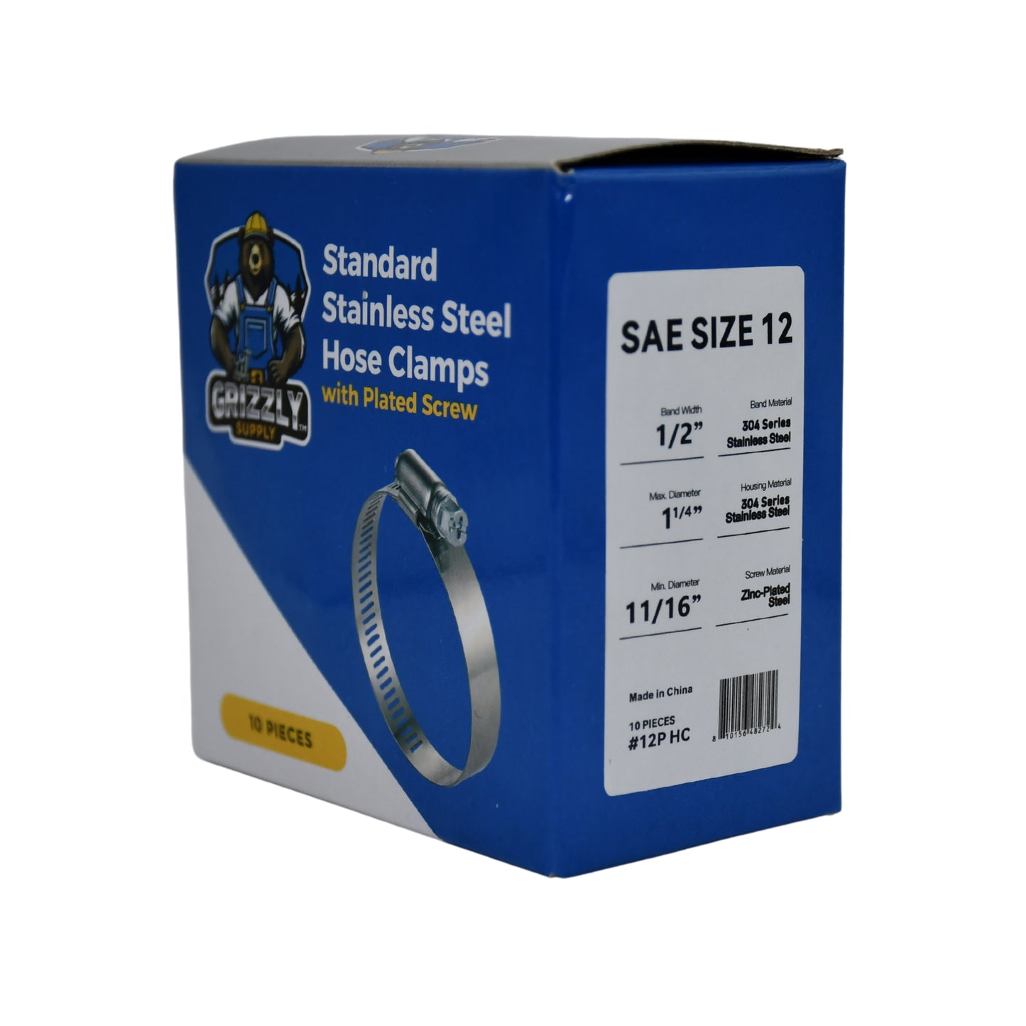 Standard Stainless Steel Hose Clamps with Zinc-Plated Screw 10/box
