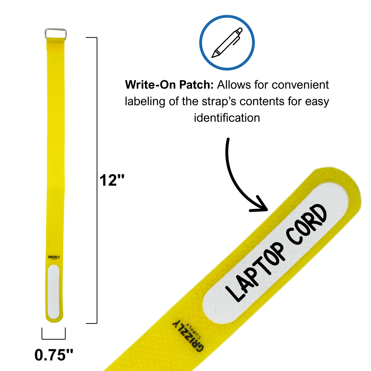 12" Yellow Hook and Loop Cinch Strap 8/pk