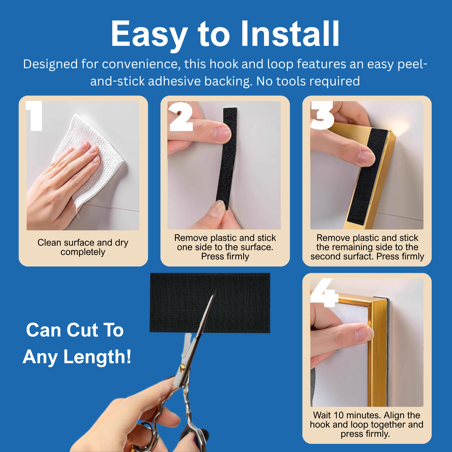 4"x2" Black Adhesive Hook and Loop Strip 4/pk