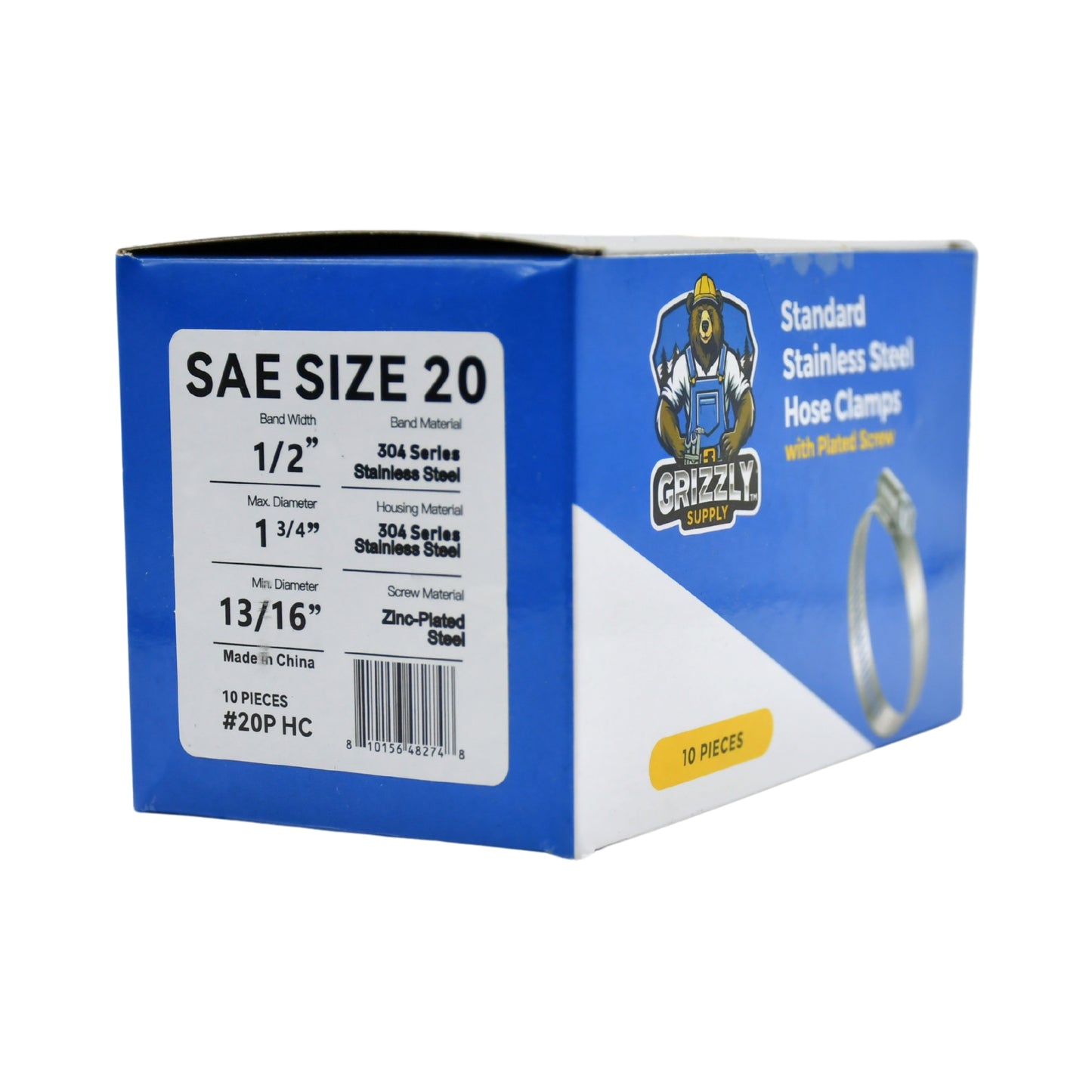 Standard Stainless Steel Hose Clamps with Zinc-Plated Screw 10/box