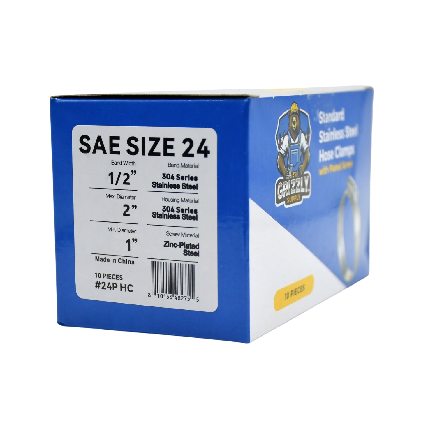 Standard Stainless Steel Hose Clamps with Zinc-Plated Screw 10/box