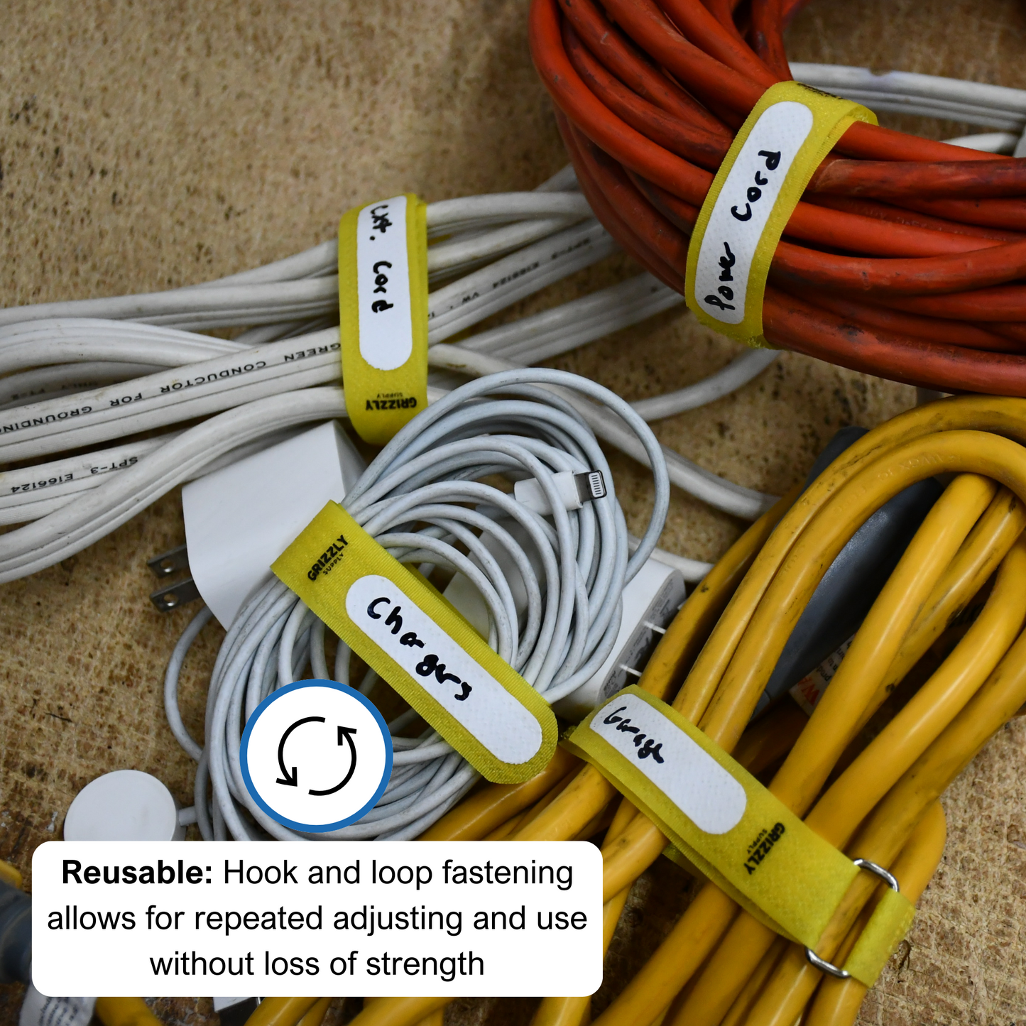 5" Blue (4pc), 8" Gray (3pc), 12'" Yellow (3pc) Hook and Loop Cinch Strap