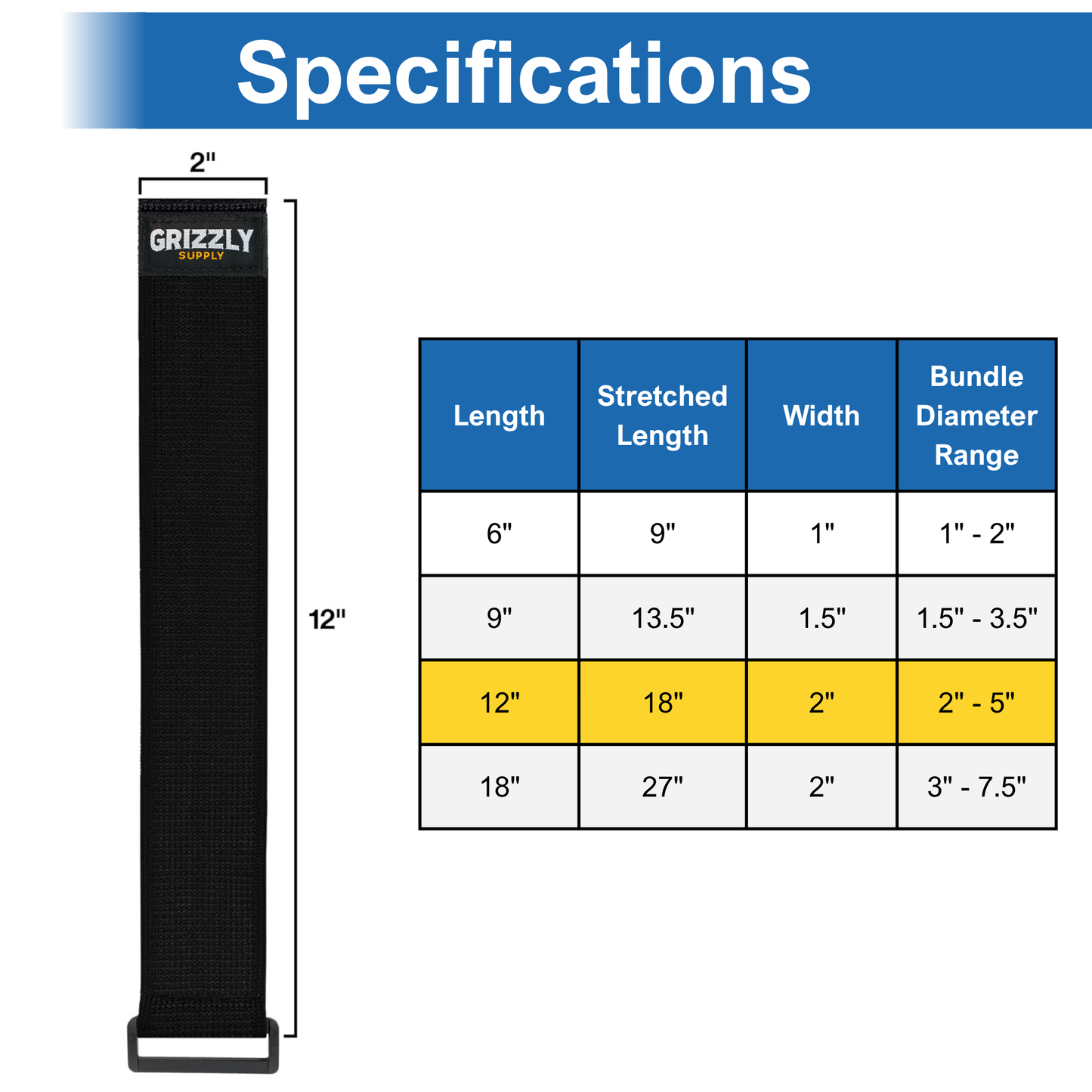 12" Black Stretch Strap 4/pk