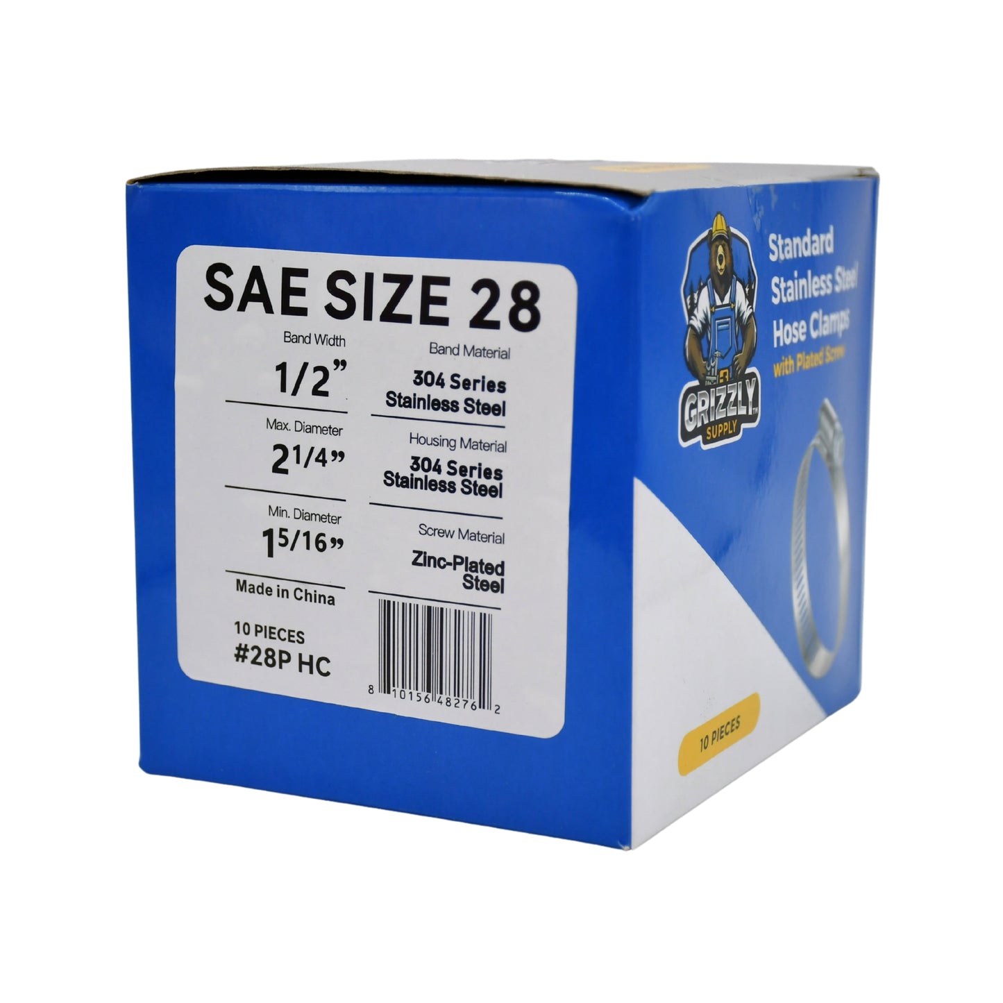 Standard Stainless Steel Hose Clamps with Zinc-Plated Screw 10/box