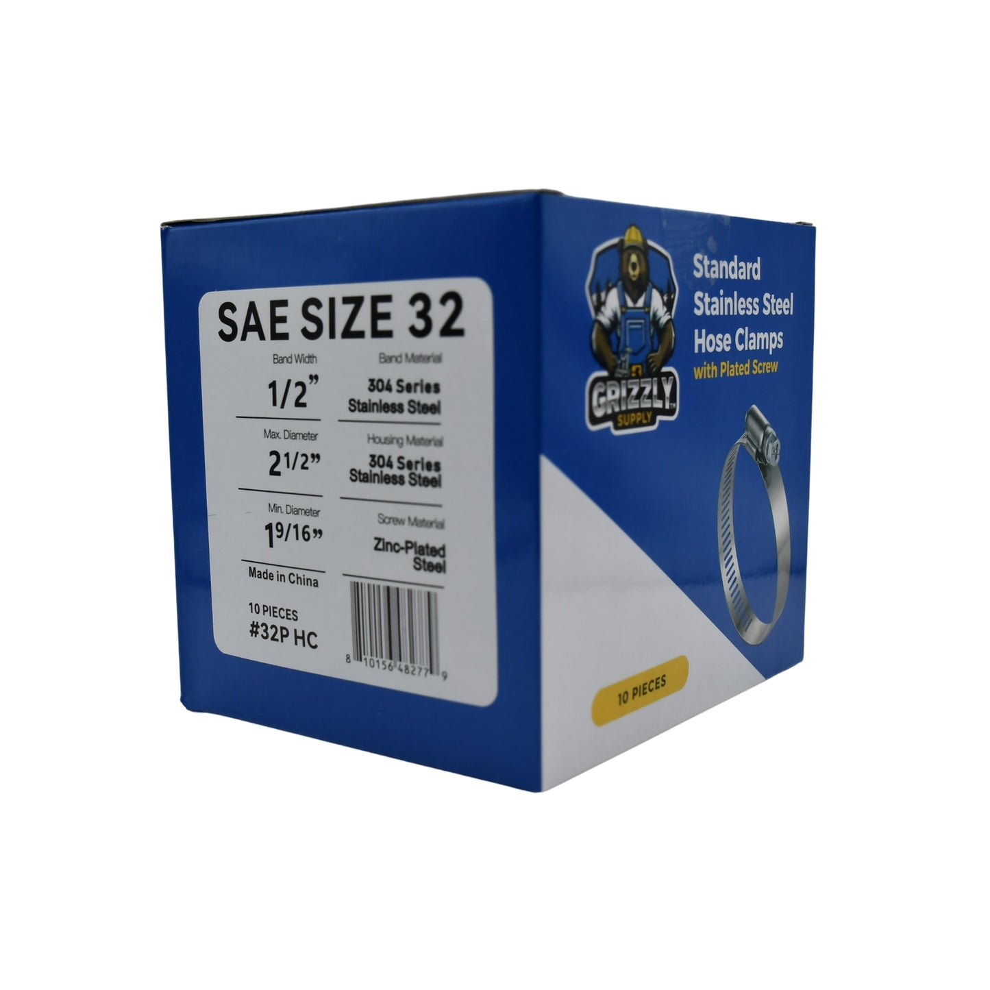 Standard Stainless Steel Hose Clamps with Zinc-Plated Screw 10/box