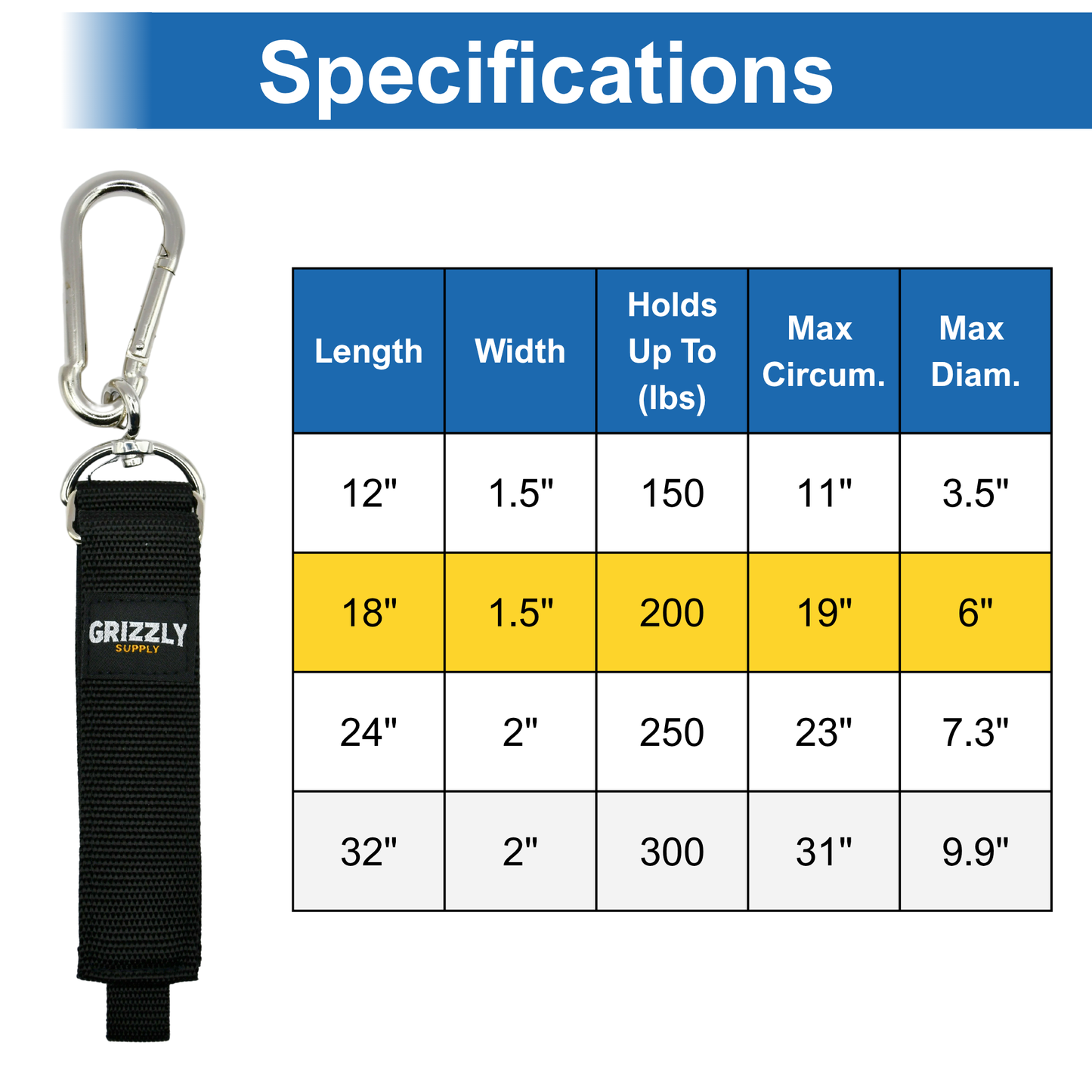 18" Black Hook and Loop Storage Strap with Carabiner 1/pk