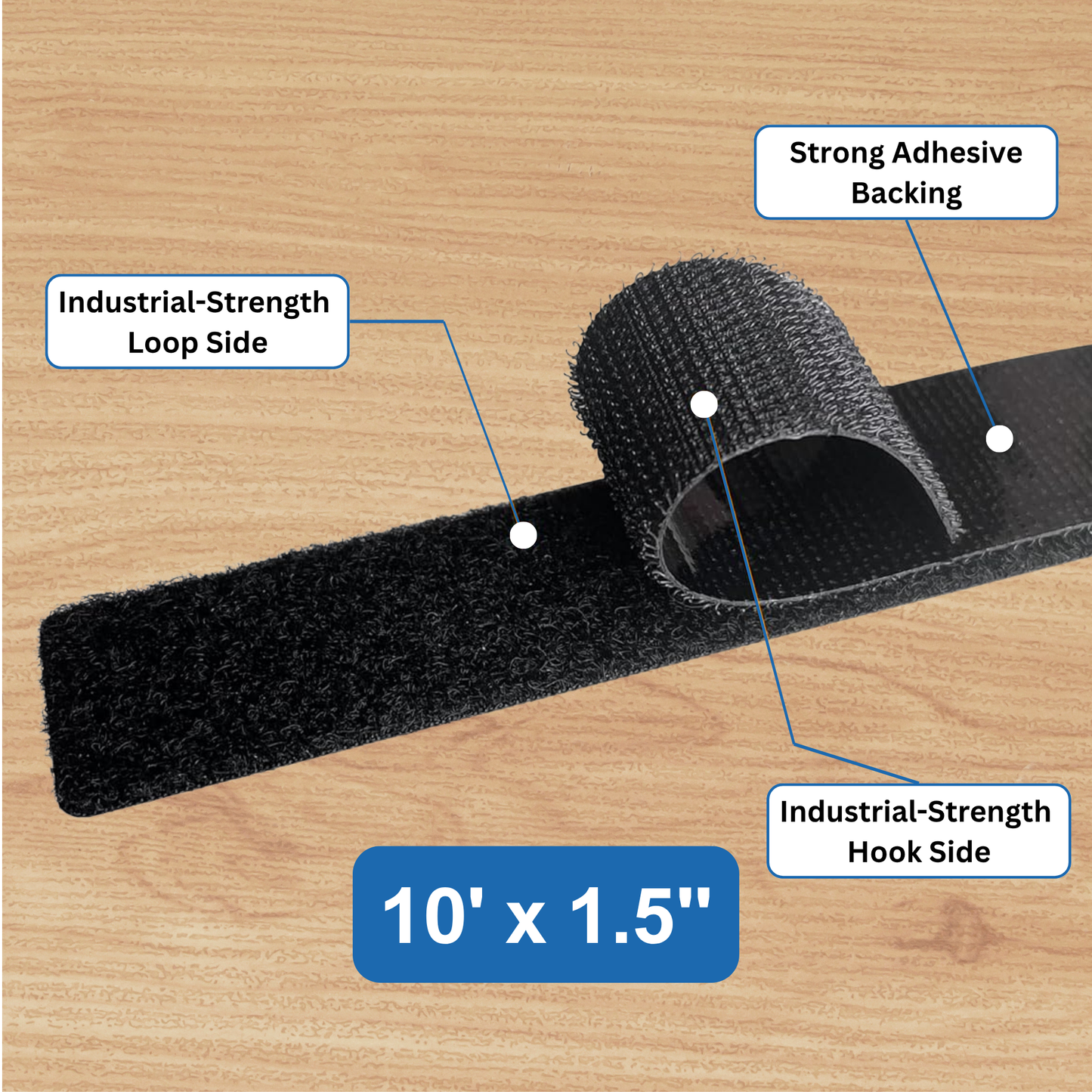 10'x1.5" Black Adhesive Hook and Loop Roll 1/pk