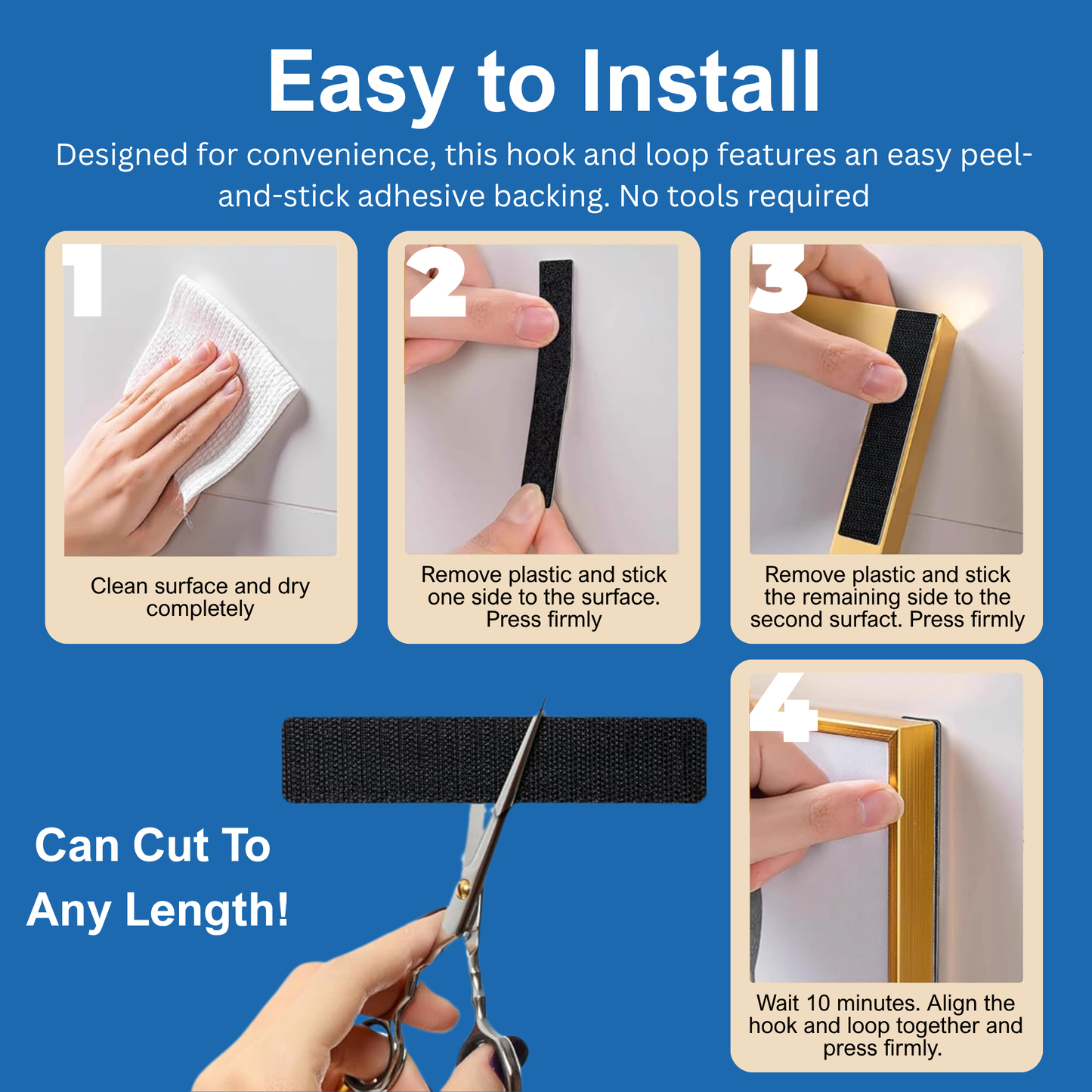 4"x1" Black Adhesive Hook and Loop Strip 6/pk