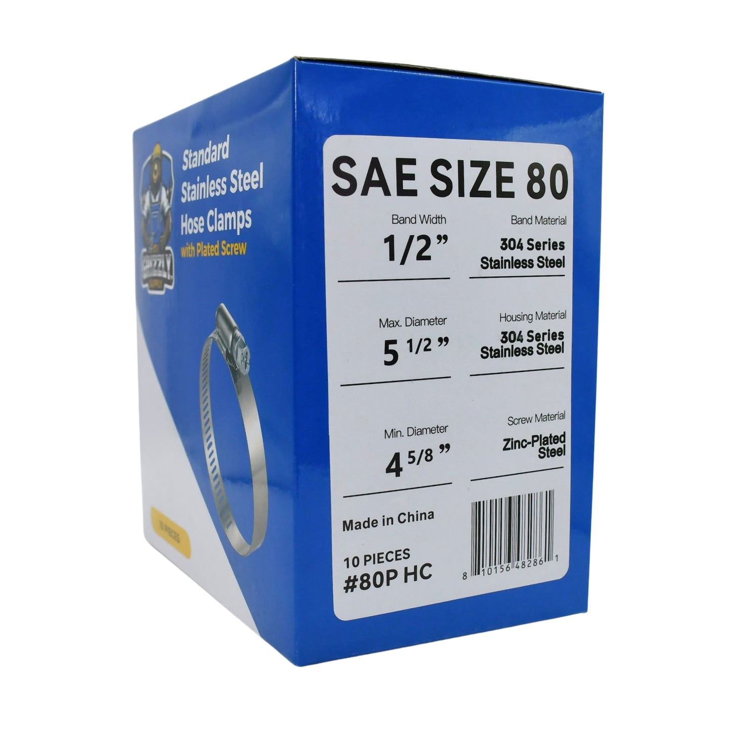 Standard Stainless Steel Hose Clamps with Zinc-Plated Screw 10/box