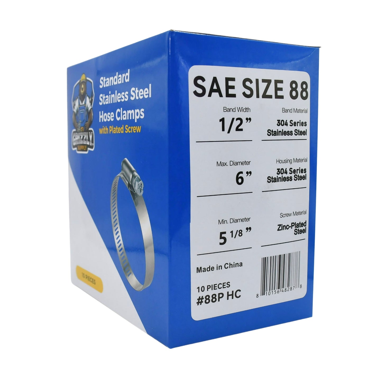 Standard Stainless Steel Hose Clamps with Zinc-Plated Screw 10/box