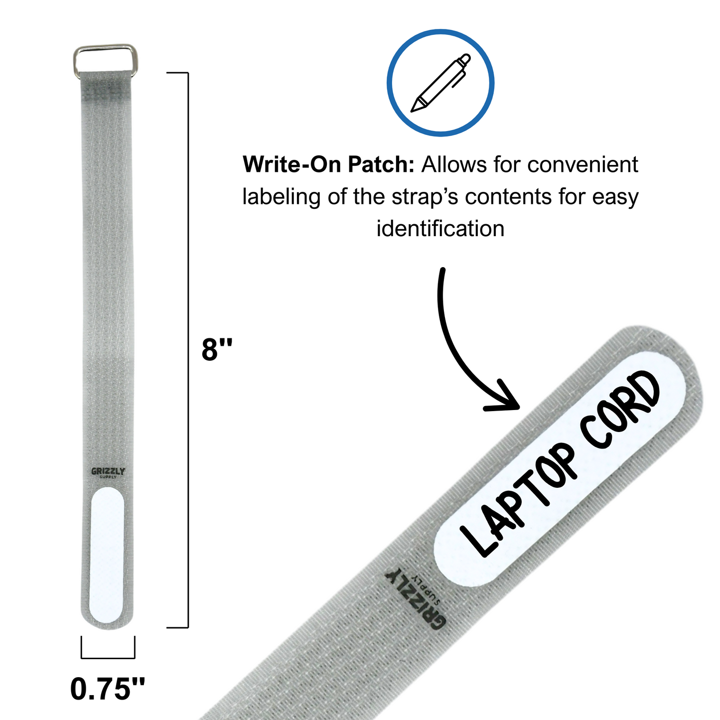 8" Gray Hook and Loop Cinch Strap 9/pk
