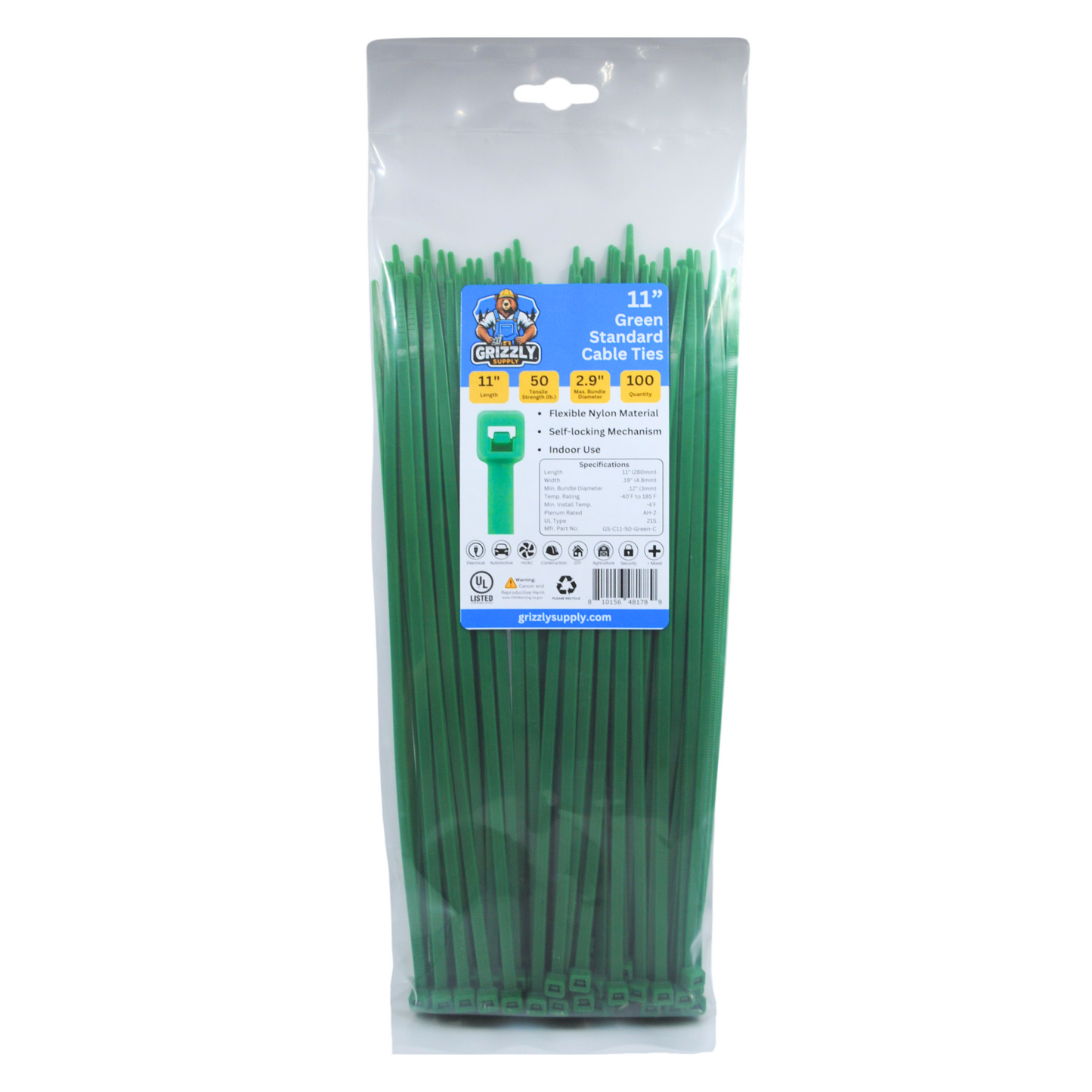 Bag of green Grizzly Supply standard cable ties for versatile cable management and secure fastening. Front view
