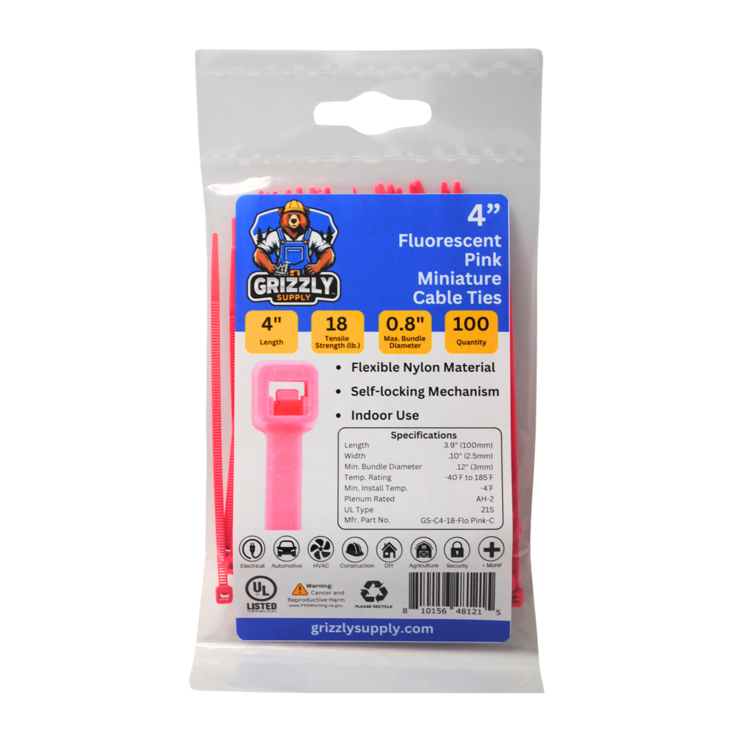 Bag of fluorescent pink Grizzly Supply miniature cable ties for versatile cable management and secure fastening. Front view