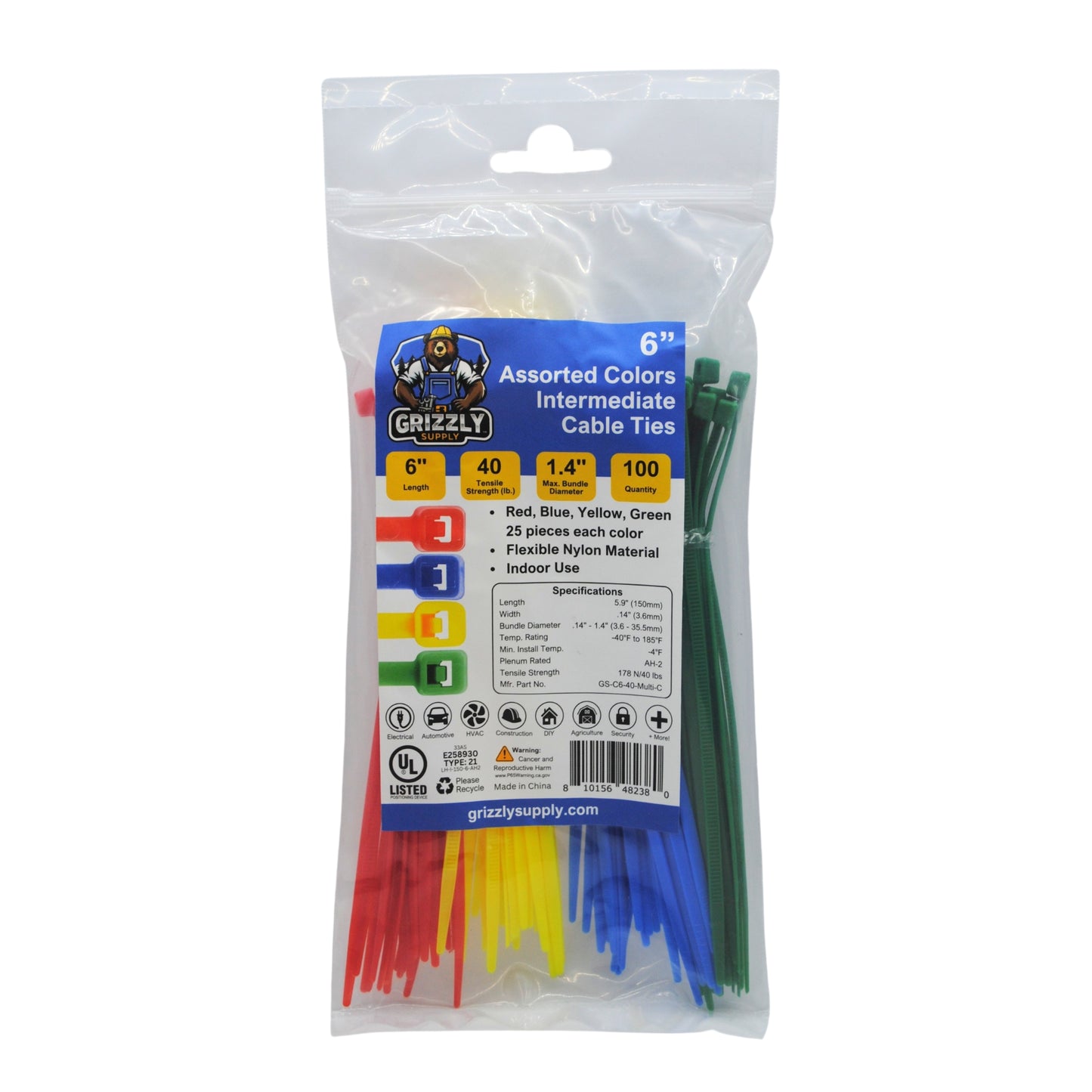 6" 40lb Assorted Color Cable Tie 100/bag