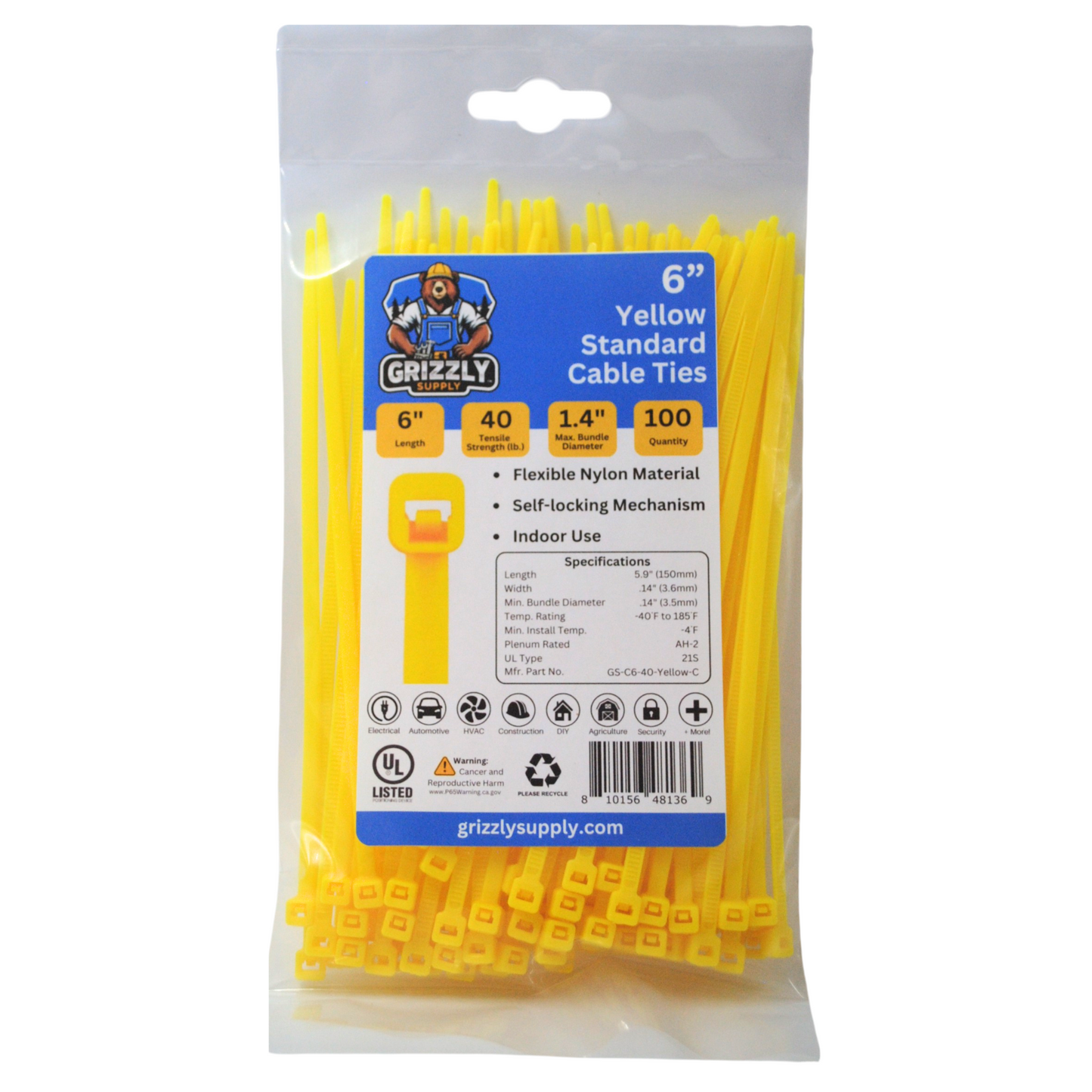 Bag of yellow intermediate Grizzly Supply cable ties for versatile cable management and secure fastening. Front view