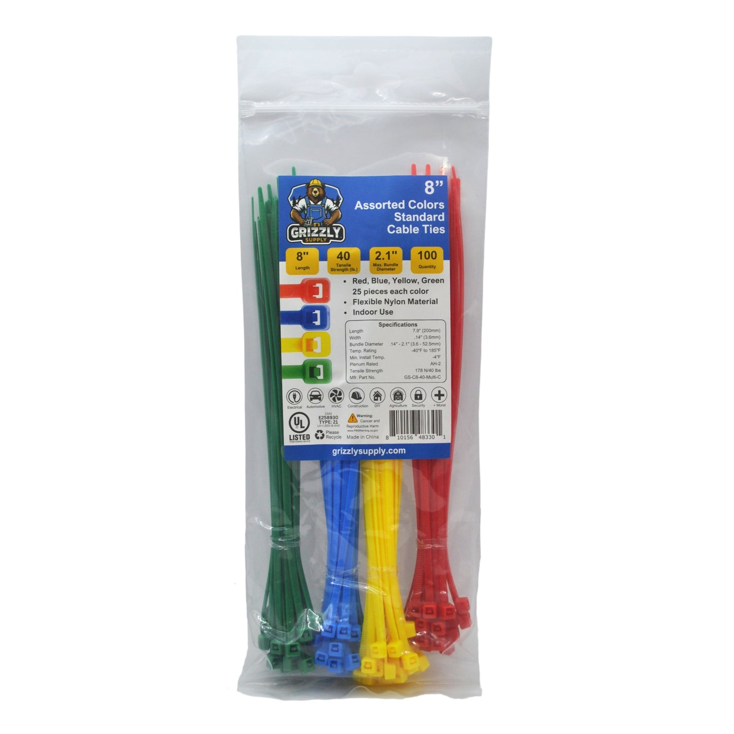 8" 40lb Assorted Color Cable Tie 100/bag