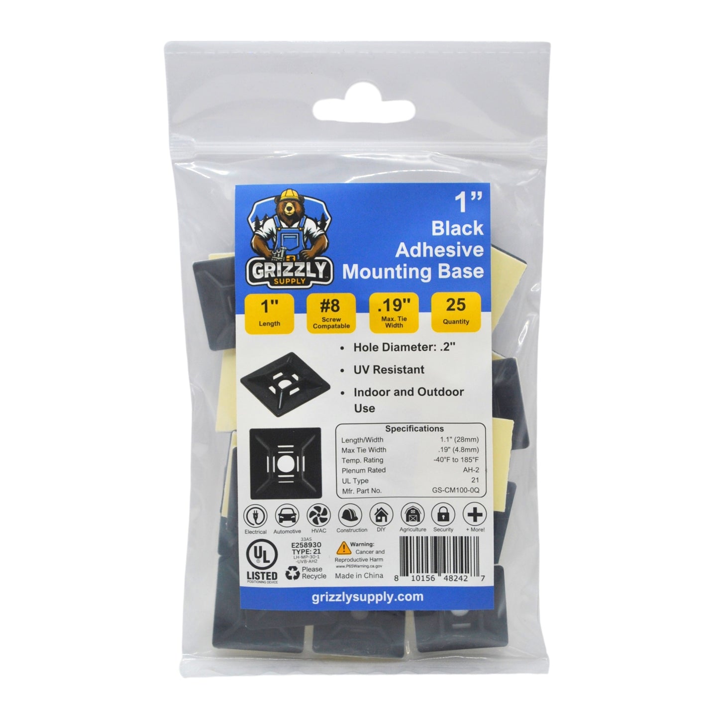 1" Black 4-Way Adhesive Cable Mount 25/bag