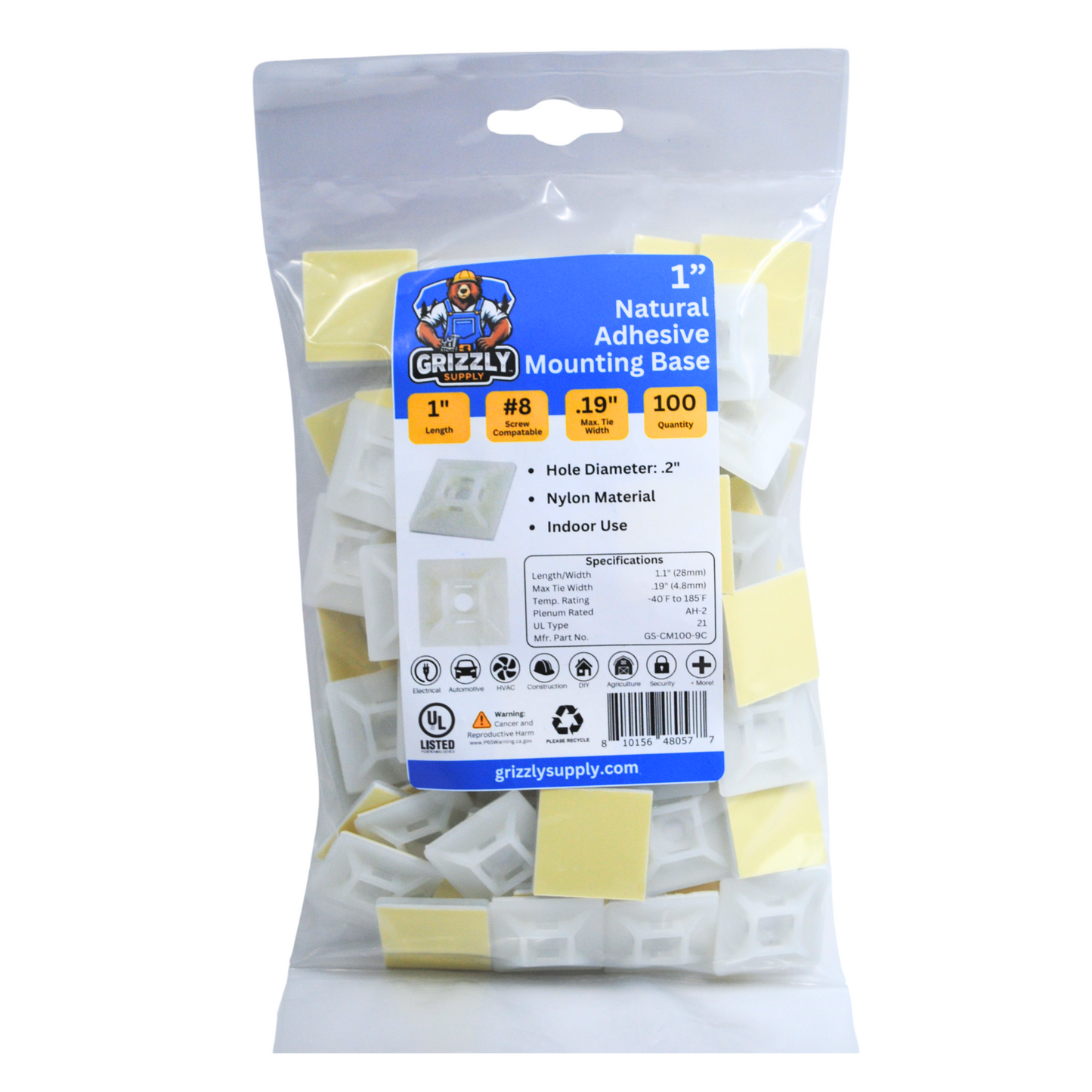 1" Natural 4-Way Adhesive Cable Mount 100/bag