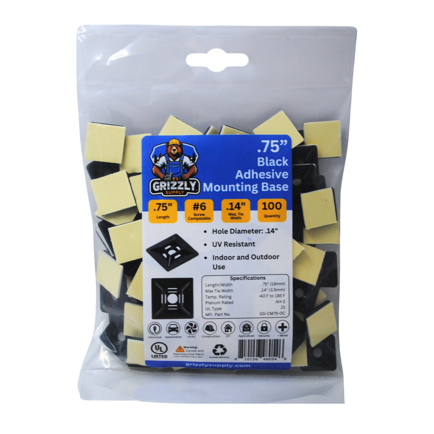.75" black adhesive mount base from Grizzly Supply to mount cable ties or zip ties to the wall, desk, or cable management rack