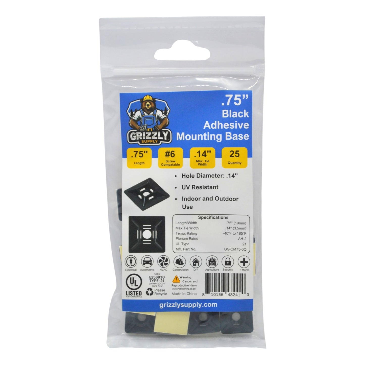 .75" Black 4-Way Adhesive Cable Mount 25/bag