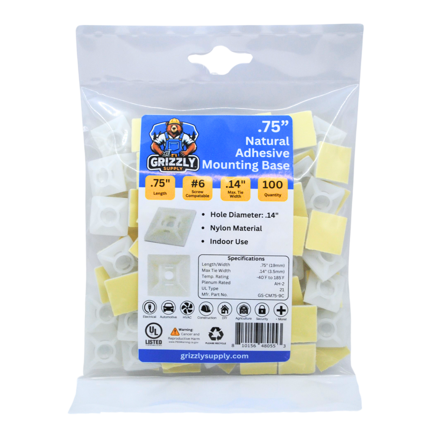 .75" Natural 4-Way Adhesive Cable Mount 100/bag