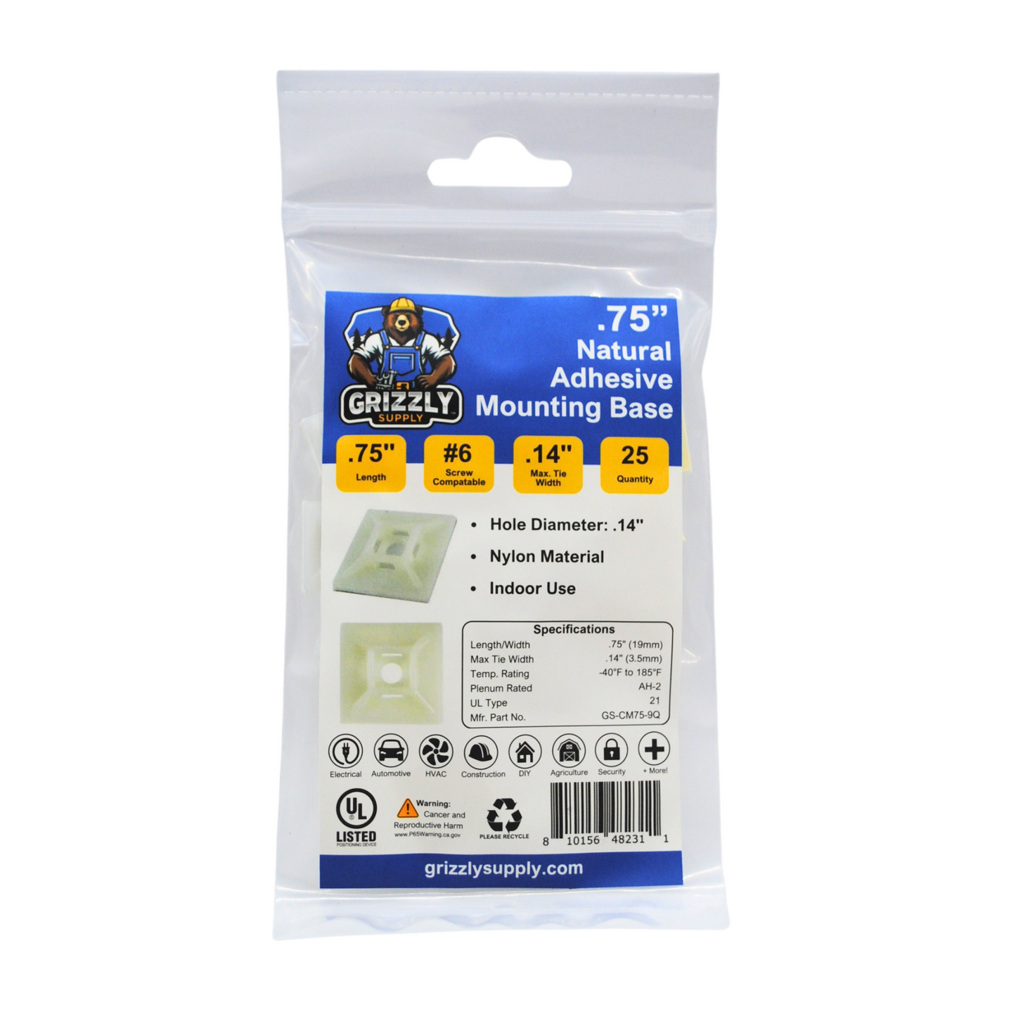 .75" Natural 4-Way Adhesive Cable Mount 25/bag