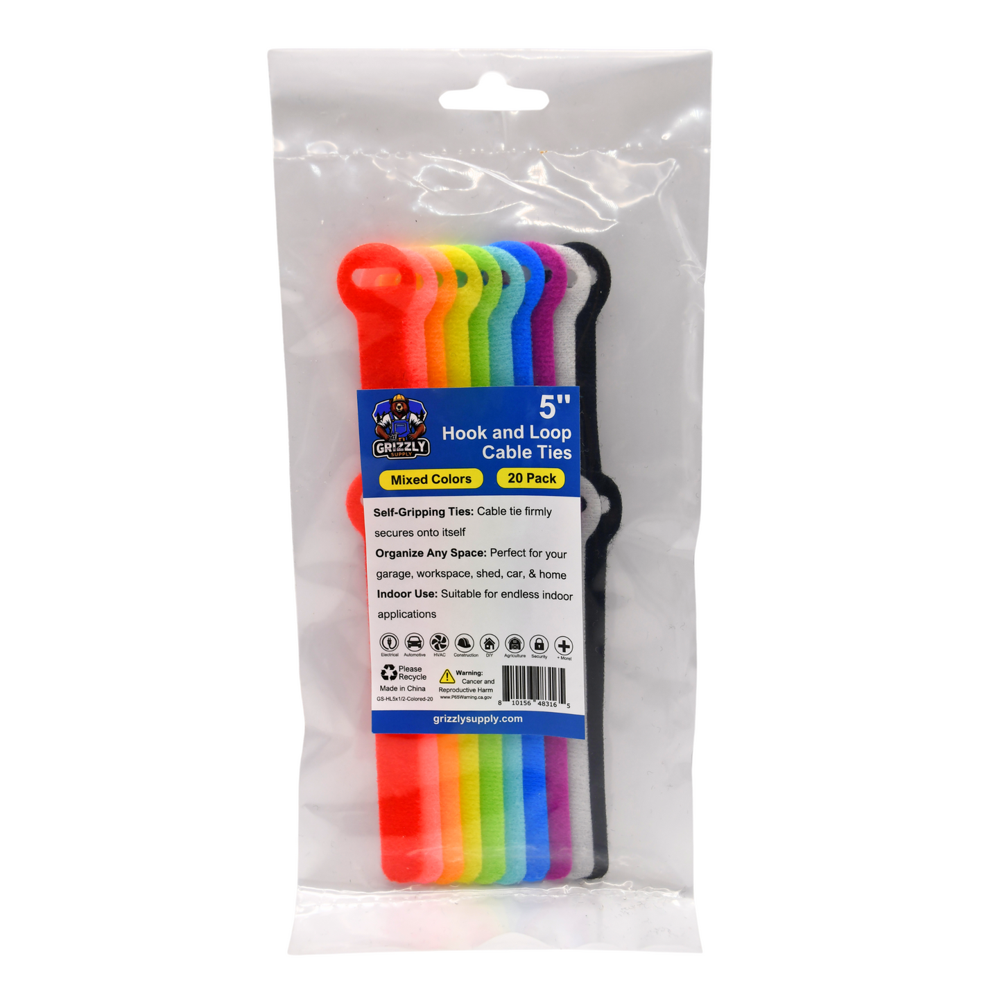 5" Colored Hook and Loop Cable Tie 20/pk