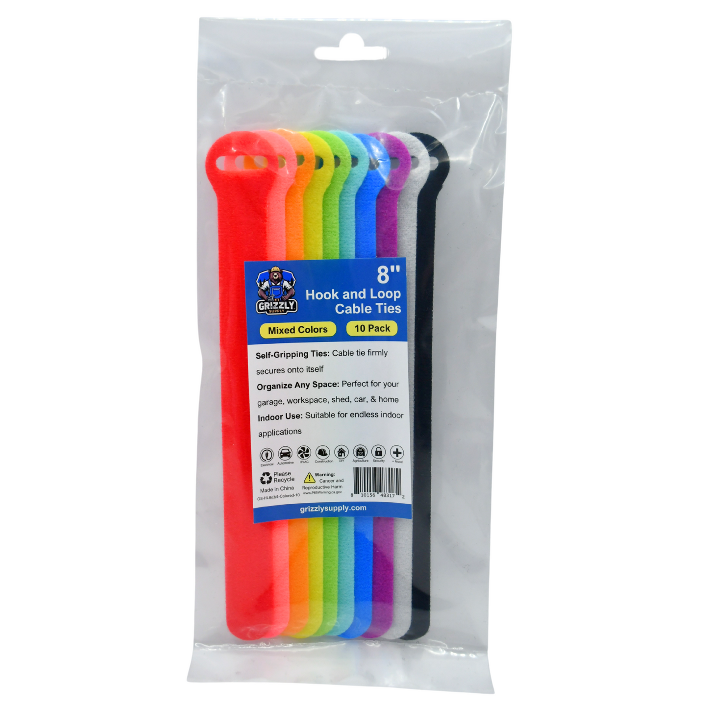 8" Colored Hook and Loop Cable Tie 10/pk