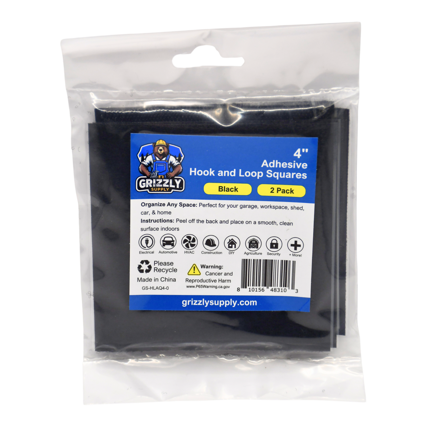 4"x4" Black Adhesive Hook and Loop Square 2/pk