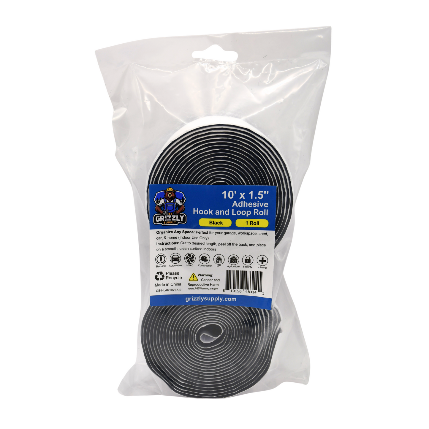10'x1.5" Black Adhesive Hook and Loop Roll 1/pk