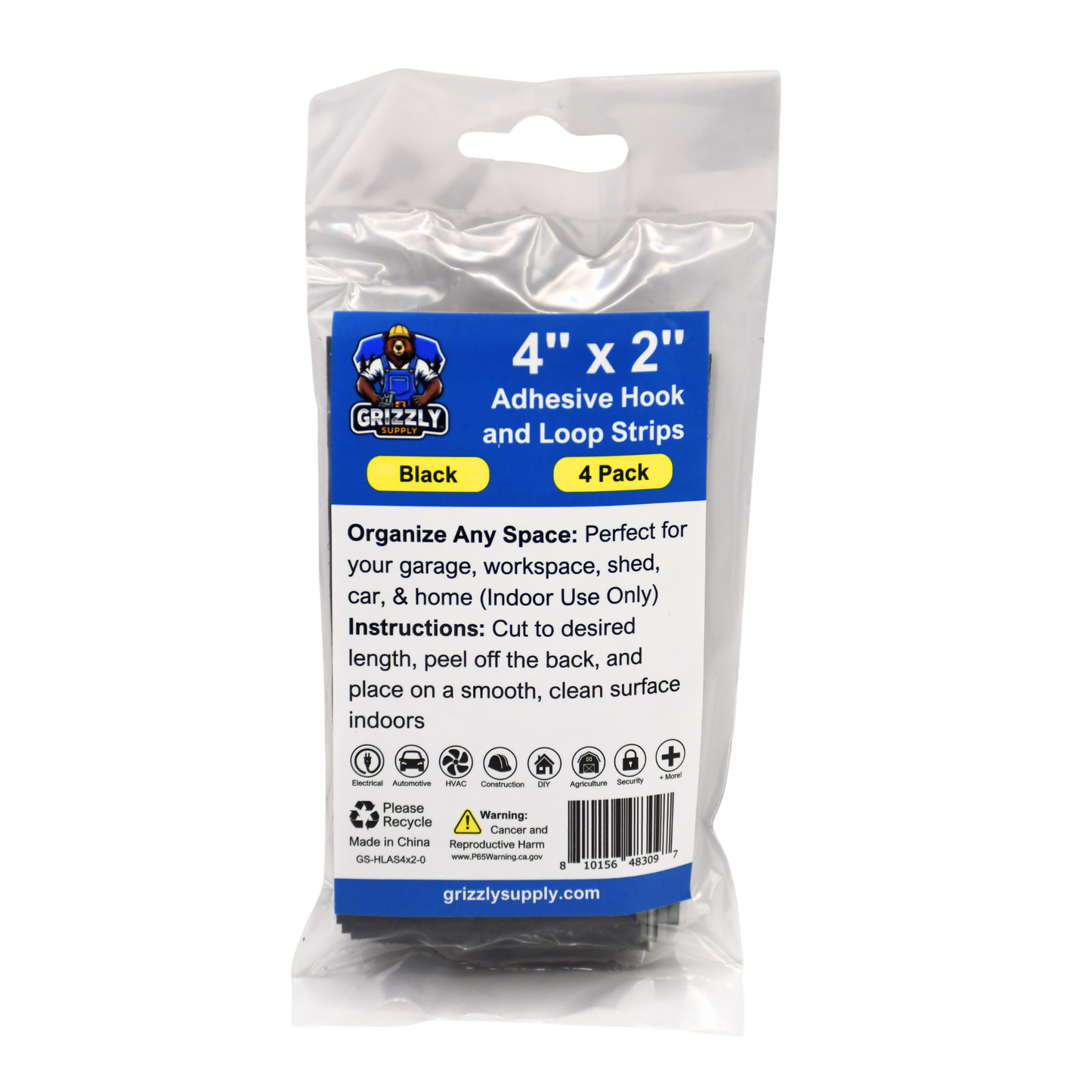 4"x2" Black Adhesive Hook and Loop Strip 4/pk