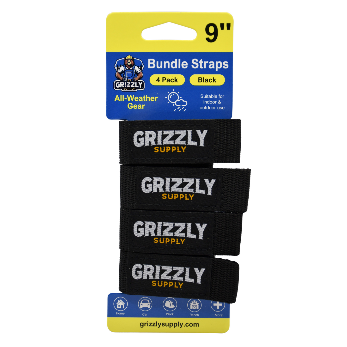 9" Black Hook and Loop Bundle Strap 4/pk