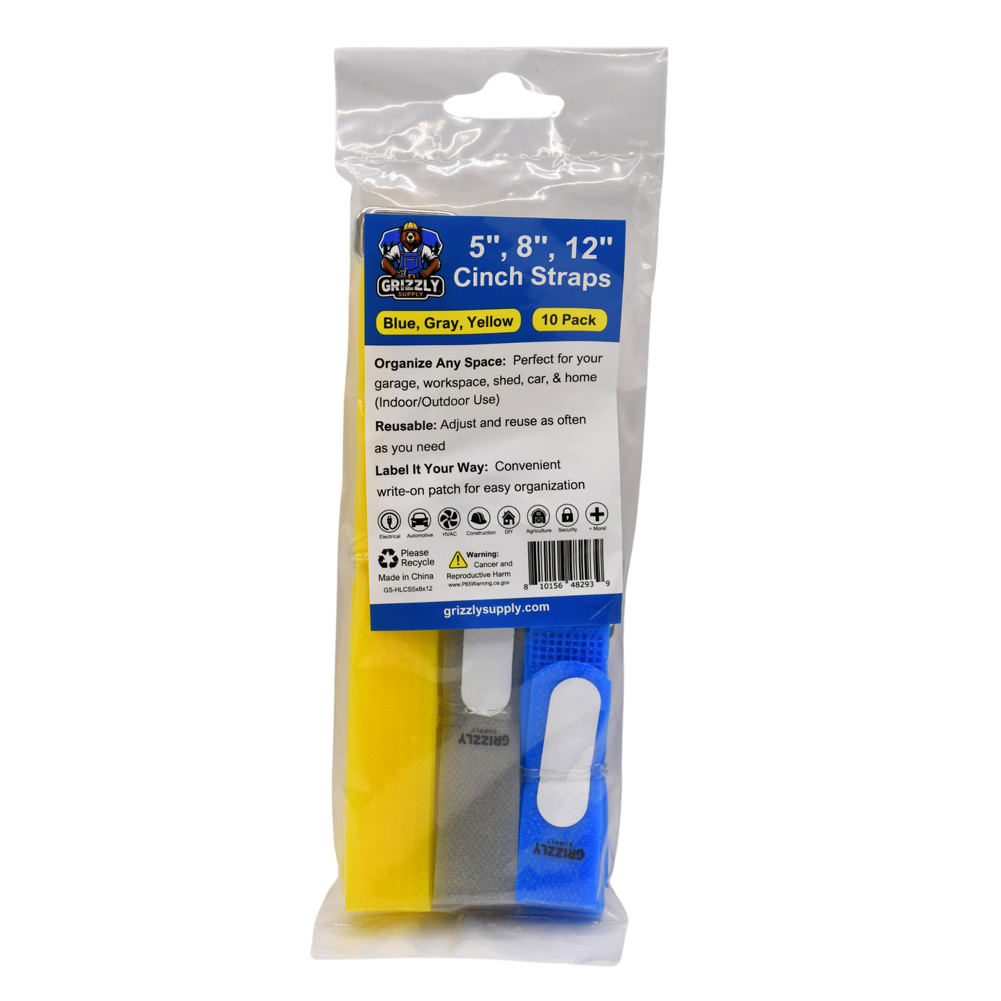 5" Blue (4pc), 8" Gray (3pc), 12'" Yellow (3pc) Hook and Loop Cinch Strap