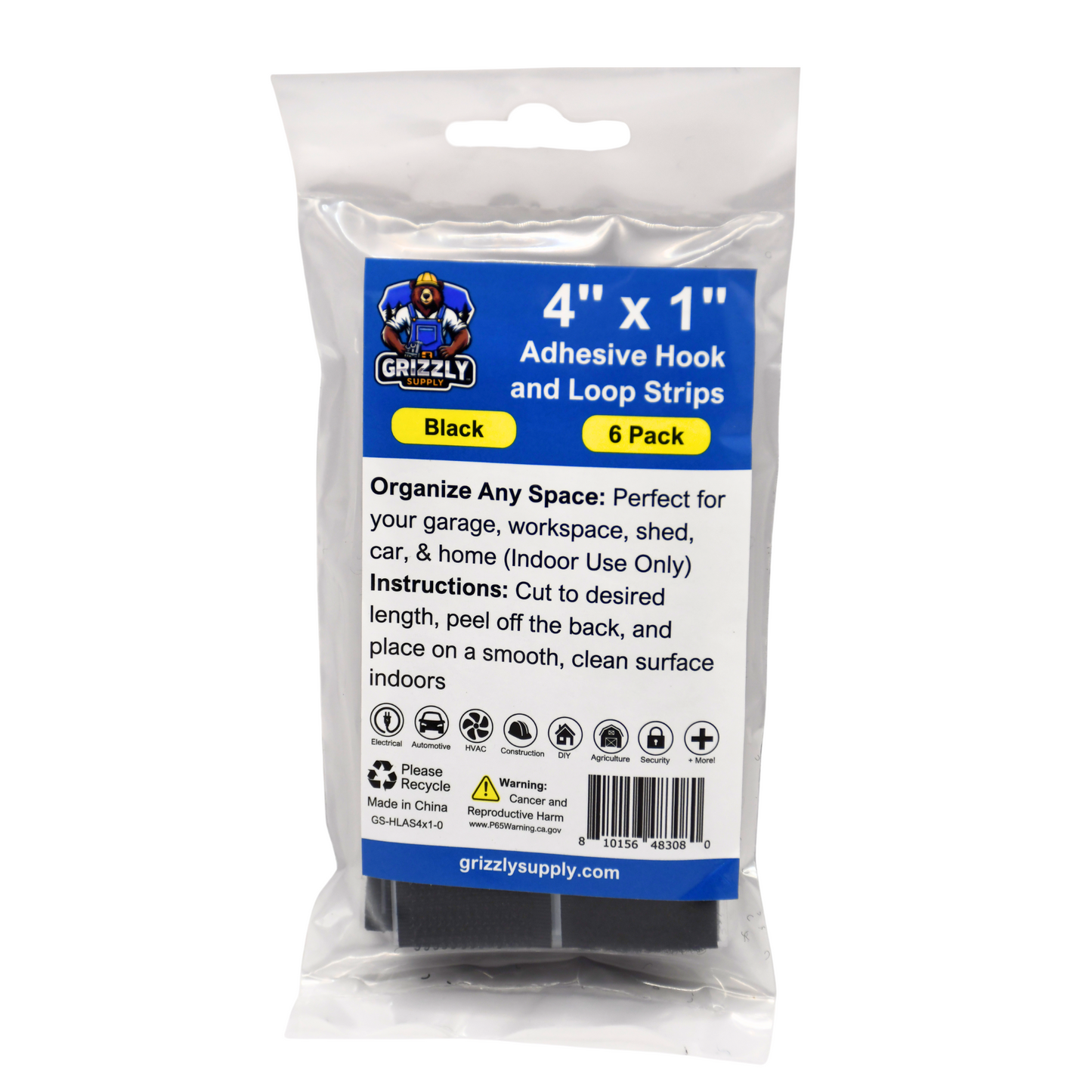 4"x1" Black Adhesive Hook and Loop Strip 6/pk