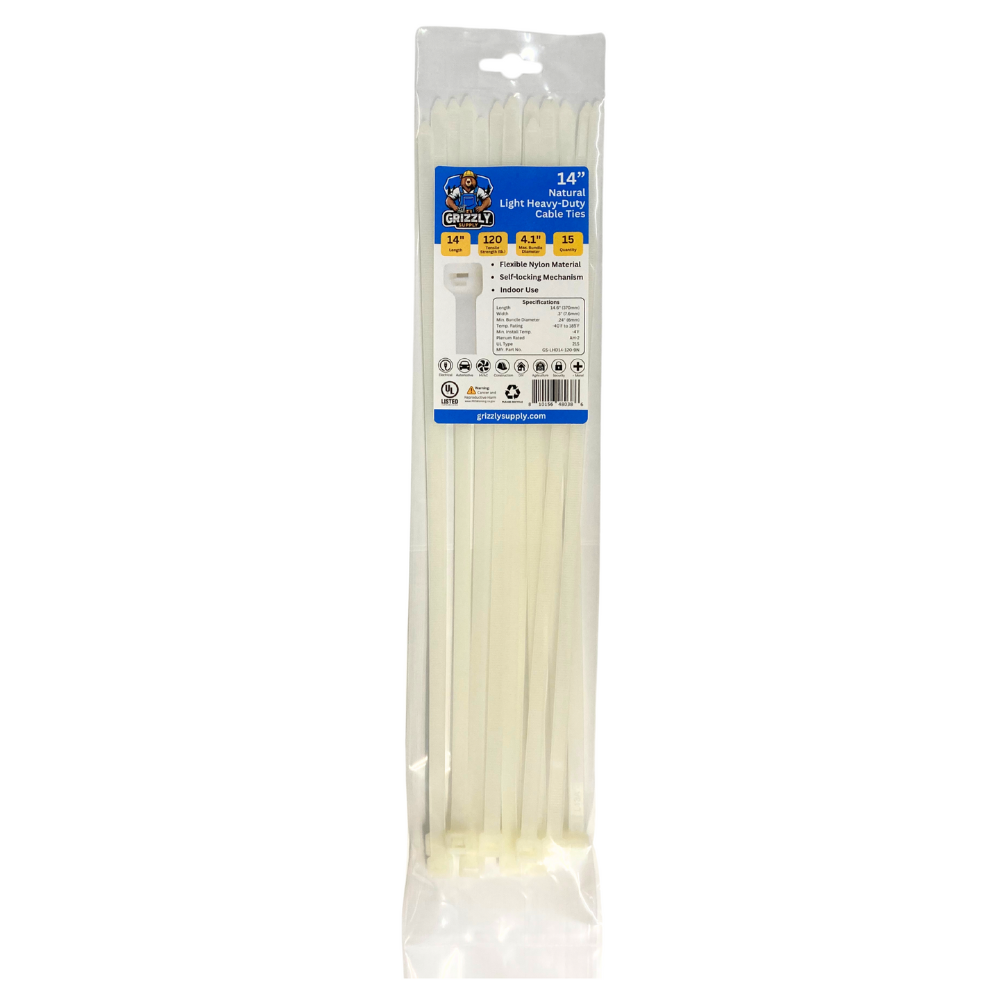 14" 120lb Natural Light Heavy-Duty Cable Tie 15/bag