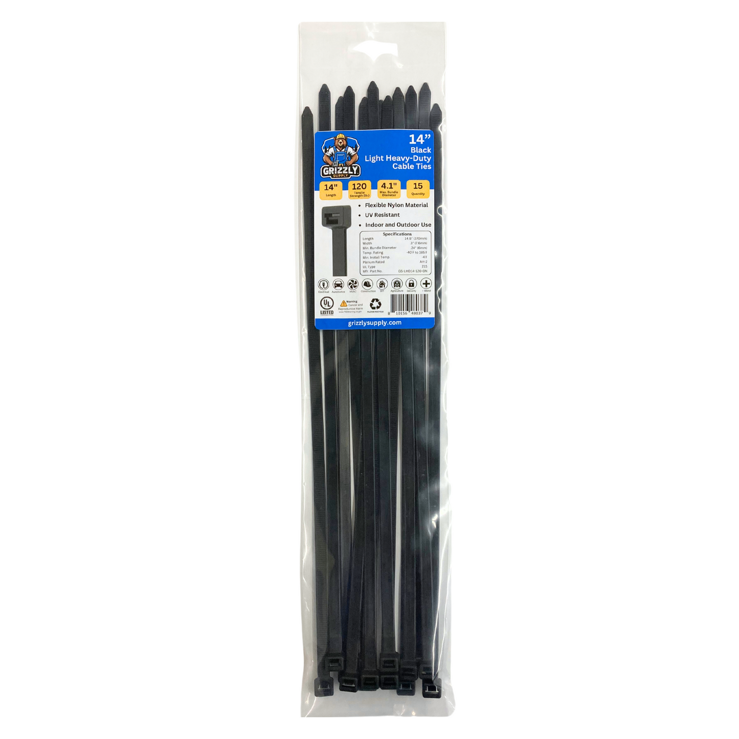 14" 120lb Black Light Heavy-Duty Cable Tie 15/bag