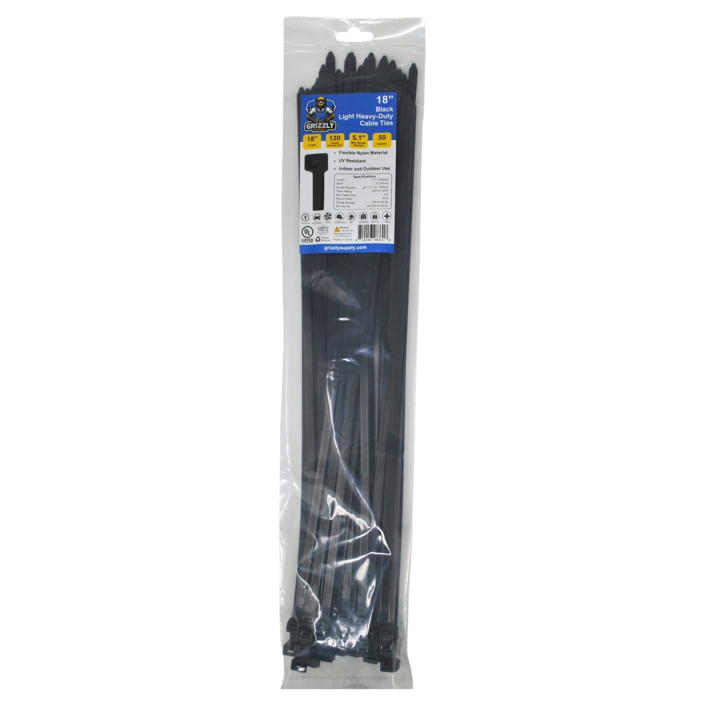 18" 120lb Black Light Heavy-Duty Cable Tie 50/bag