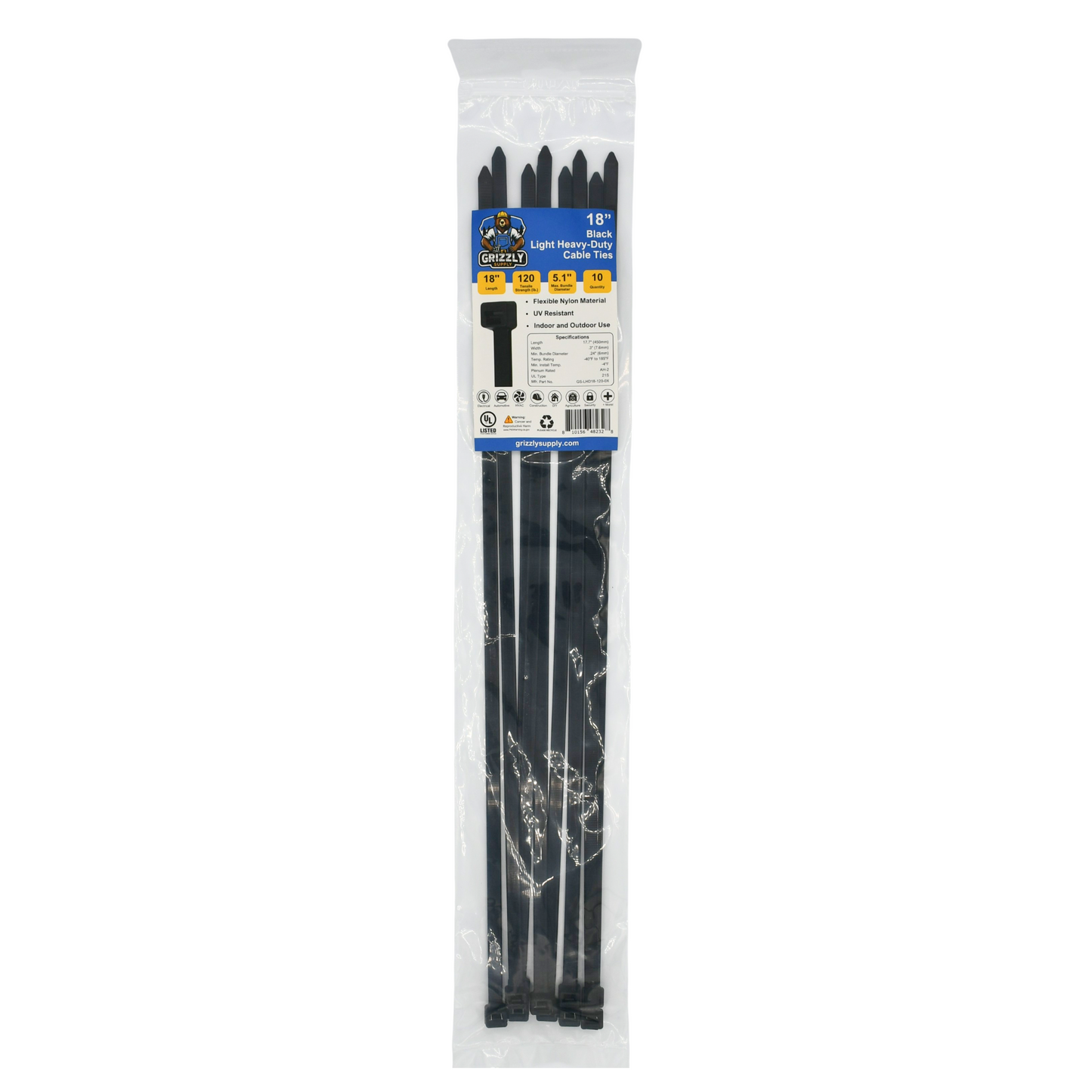 18" 120lb Black Light Heavy-Duty Cable Tie 10/bag
