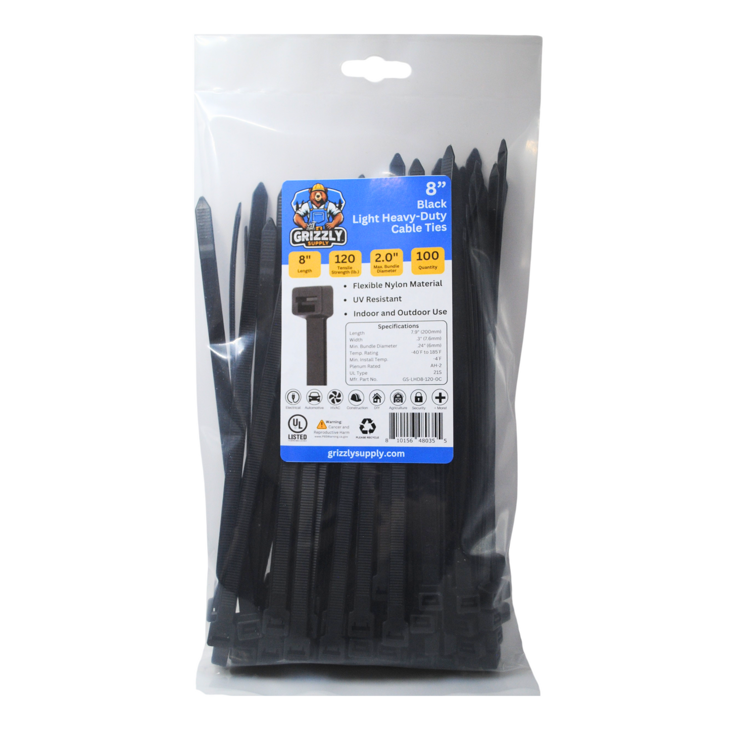 8" 120lb Black Light Heavy-Duty Cable Tie 100/bag