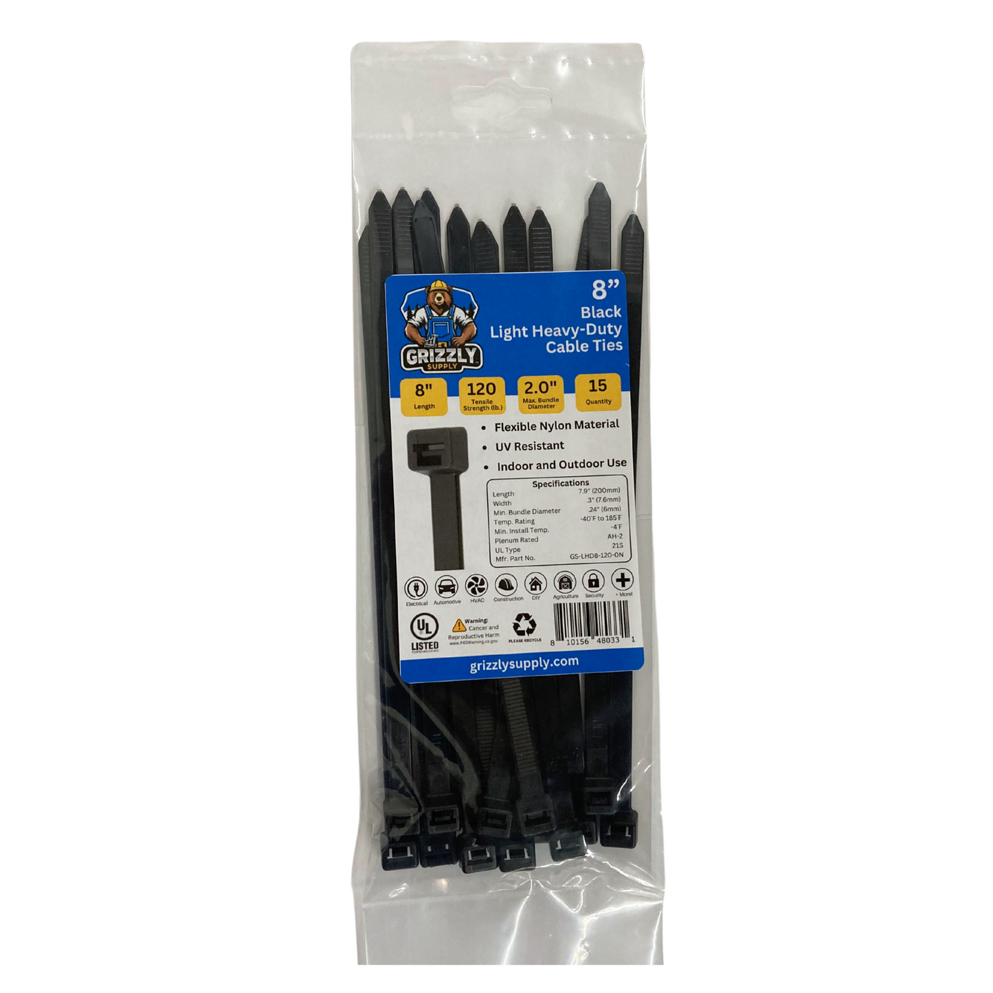 8" 120lb Black Light Heavy-Duty Cable Tie 15/bag