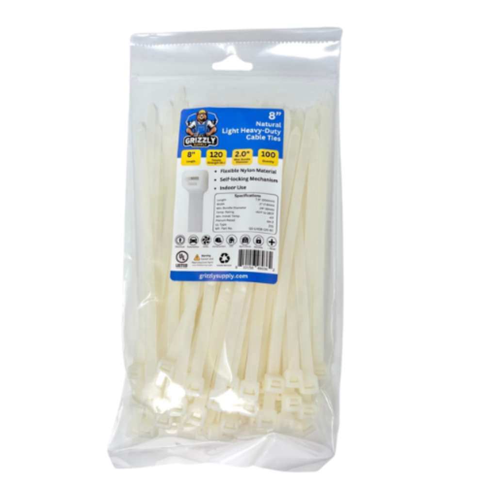 8" 120lb Natural Light Heavy-Duty Cable Tie 100/bag