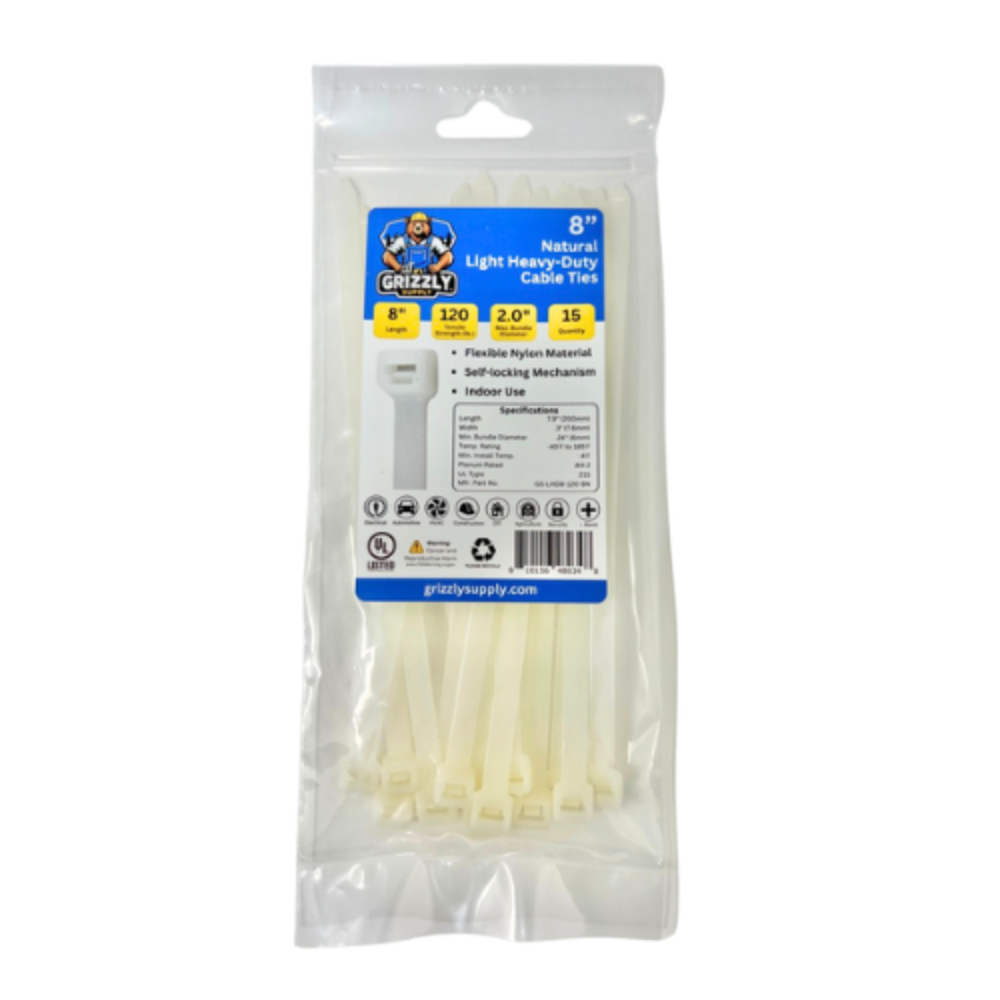 8" 120lb Natural Light Heavy-Duty Cable Tie 15/bag