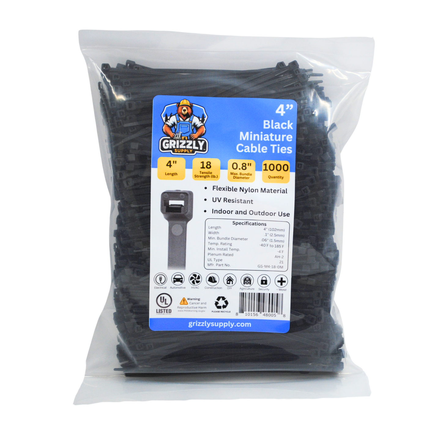 Front view of Grizzly Supply 4-inch black miniature cable tie and zip tie, highlighting its durable design for versatile cable bundling and securing.