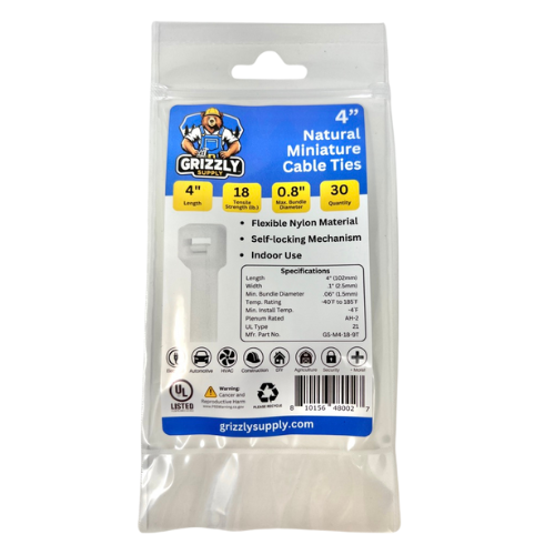 Front view of Grizzly Supply 4-inch natural miniature cable tie and zip tie, highlighting its durable design for versatile cable bundling and securing.