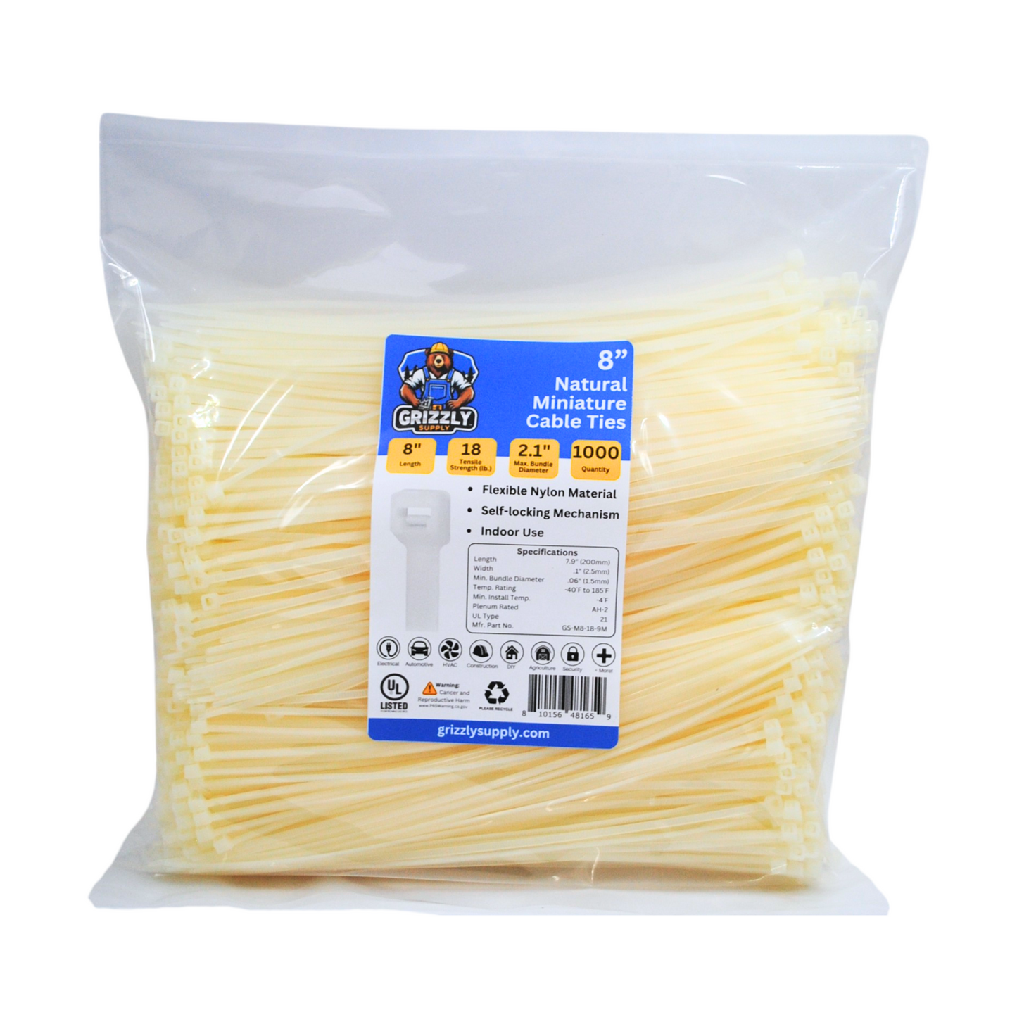 Front view of Grizzly Supply 8-inch natural miniature cable tie and zip tie, highlighting its durable design for versatile cable bundling and securing.