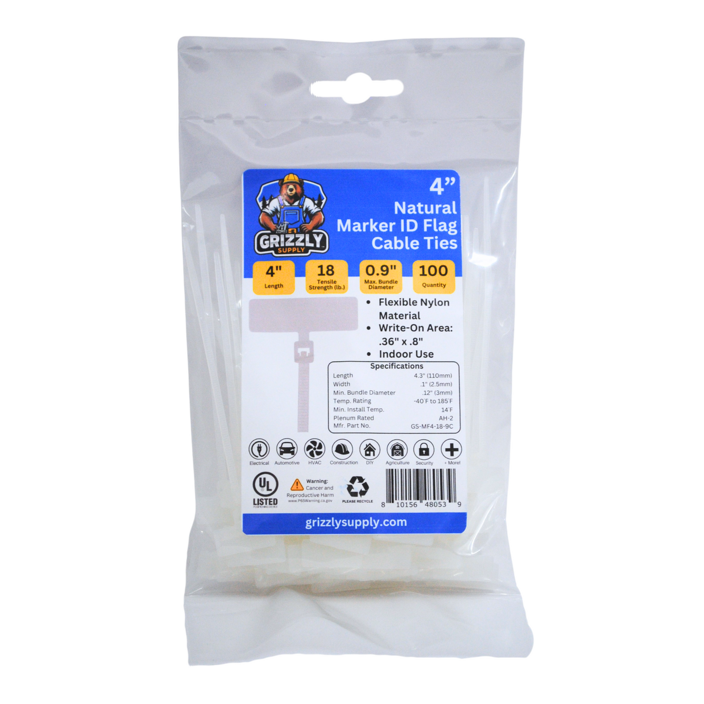 Front view of Grizzly Supply 4-inch 18lb market ID flag cable ties, designed for secure and visible identification of bundles
