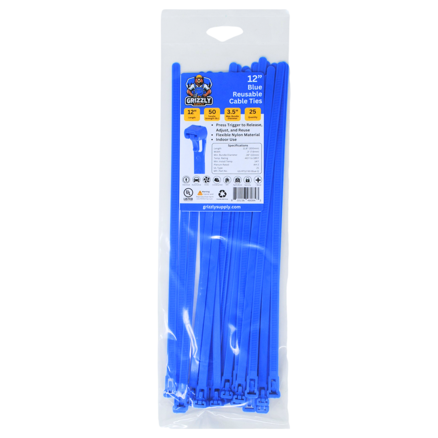 Front view of Grizzly Supply 12-inch 50lb blue reusable and releasable cable ties, designed for adjustable and durable cable management, perfect for versatile and repeated use in various settings.