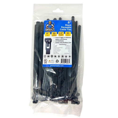 Front view of Grizzly Supply 8-inch 50lb black reusable and releasable cable ties, designed for adjustable and durable cable management, ideal for versatile and repeated use in various settings.