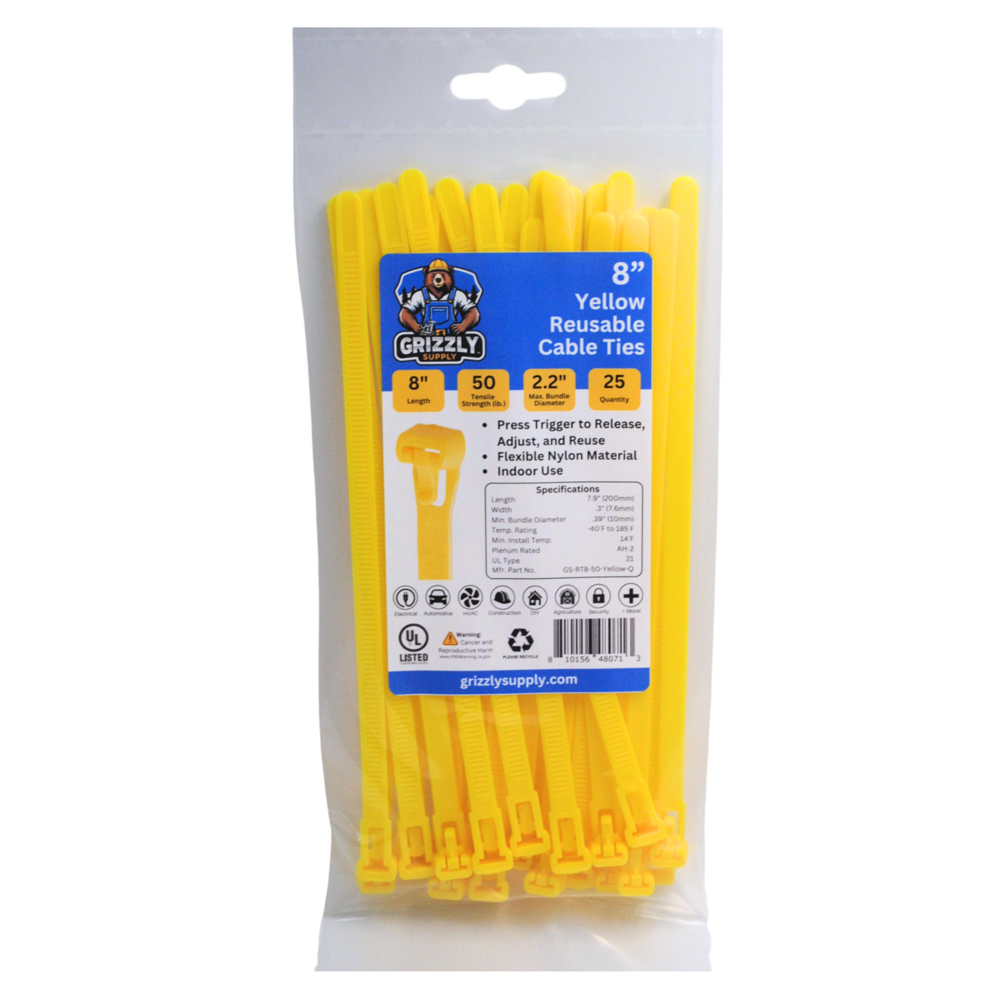 Front view of Grizzly Supply 8-inch 50lb yellow reusable and releasable cable ties, designed for adjustable and durable cable management, ideal for versatile and repeated use in various settings.